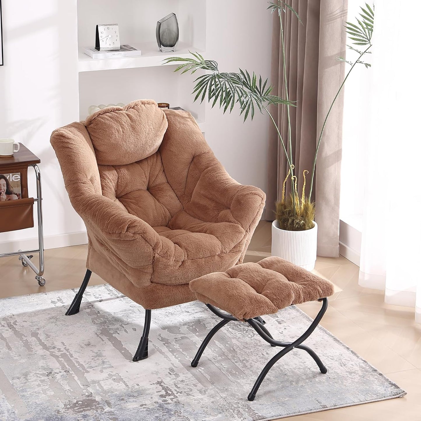 Lazy Chair with Folding Ottoman, Modern Accent Lounge Armchair with Armrests and a Side Pocket & Foldable Footstool, Leisure Reading Chair for Living Room, Bedroom, Dorm & Office, Plush Brown