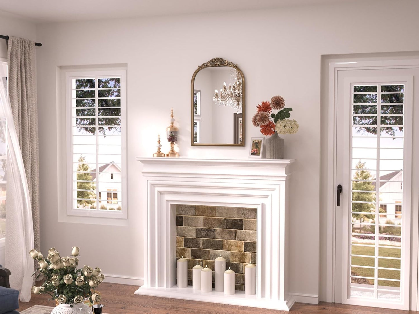 Keonjinn Gold Vintage Arched Mirror for Wall, 16" x 24" Brass Mirror with Metal Frame, Ornate Baroque Decoration for Mantle, Living Room, French Cleat Mounting