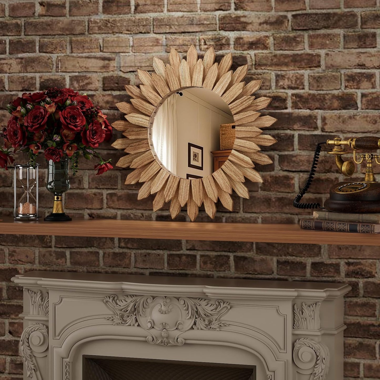 20 Inch Brown Boho Wall Decor Sunburst Mirror - Round Wooden Wall Decor, Handmade Rustic Circular Mirror for Living Room, Bedroom, Entryway, Office