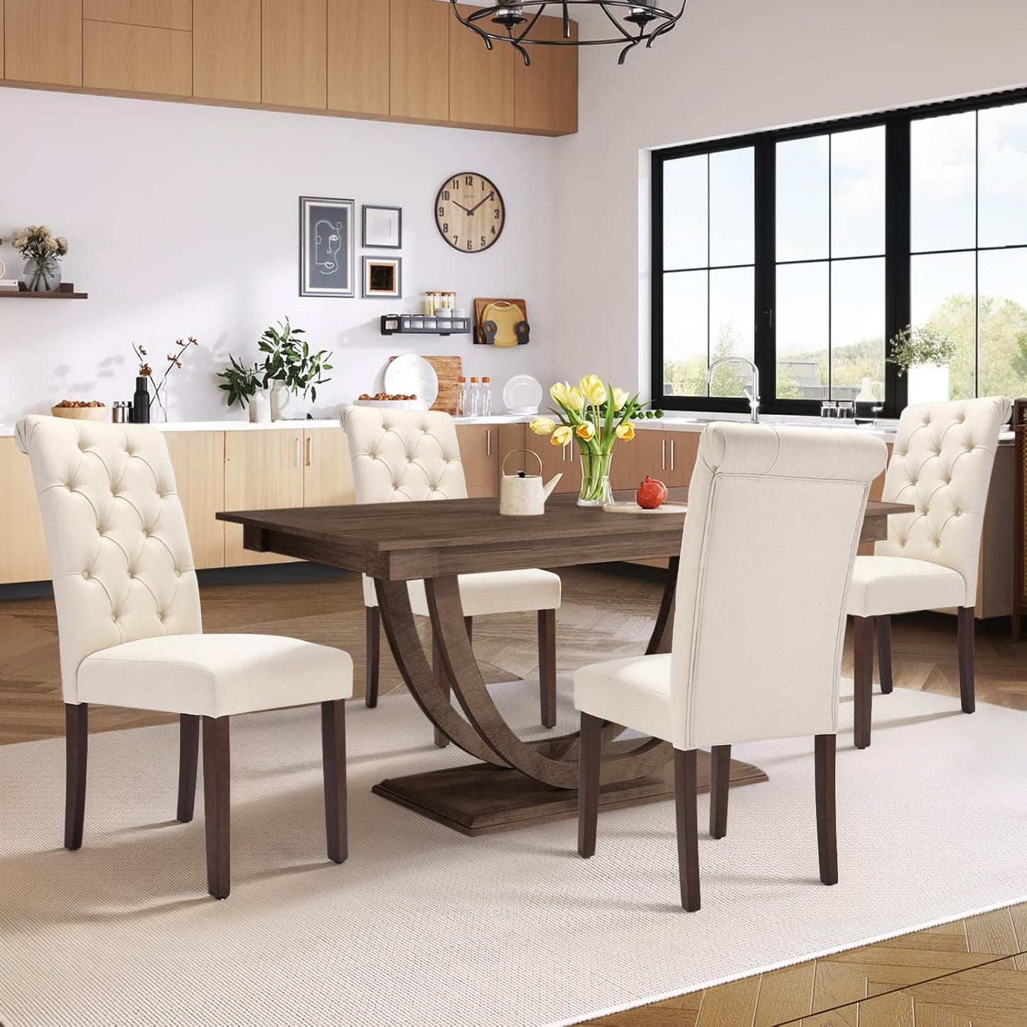 COLAMY Tufted Dining Chairs Set of 2, Accent Parsons Diner Chair Upholstered Fabric Stylish Kitchen Chairs with Solid Wood Legs and Padded Seat, Beige