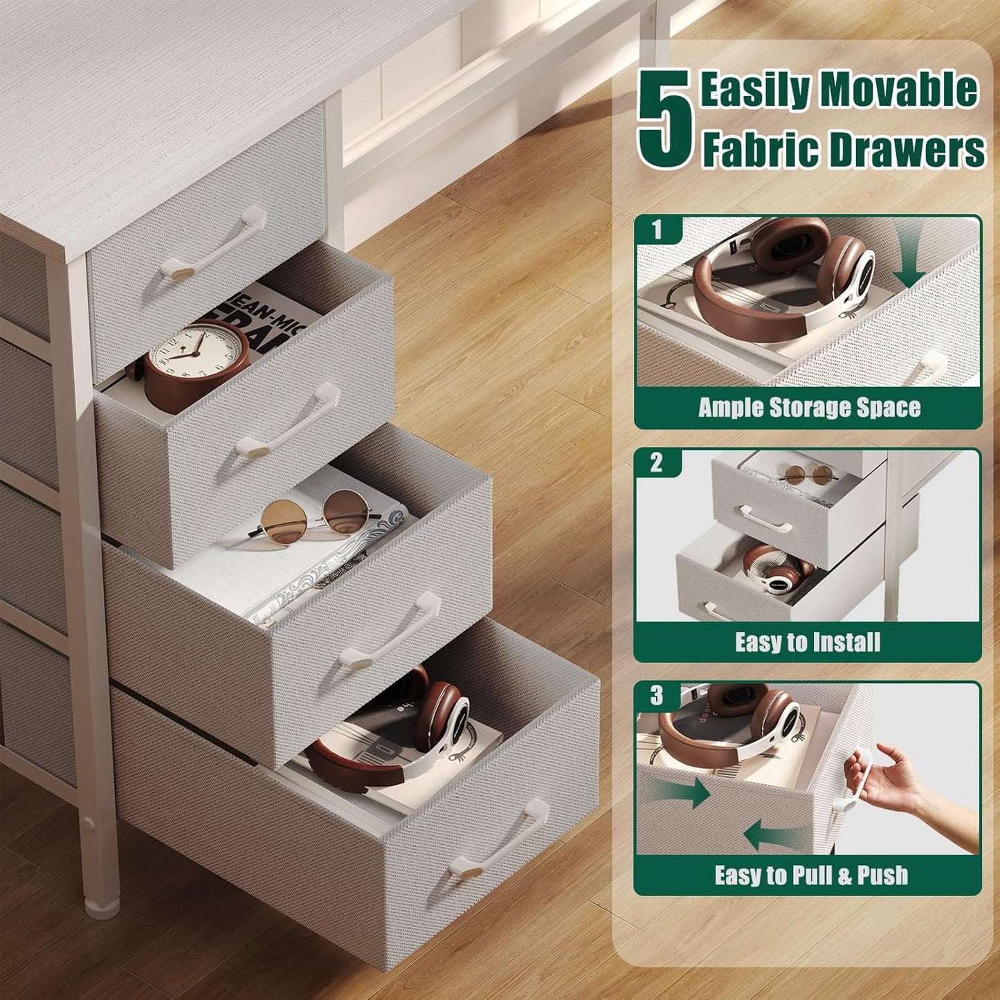 47 Inch Computer Gaming Desk with Power Outlets & LED Lights Reversible Home Office Desk with Adjustable 5 Fabric Storage Drawers for Working Writing Study, White Oak