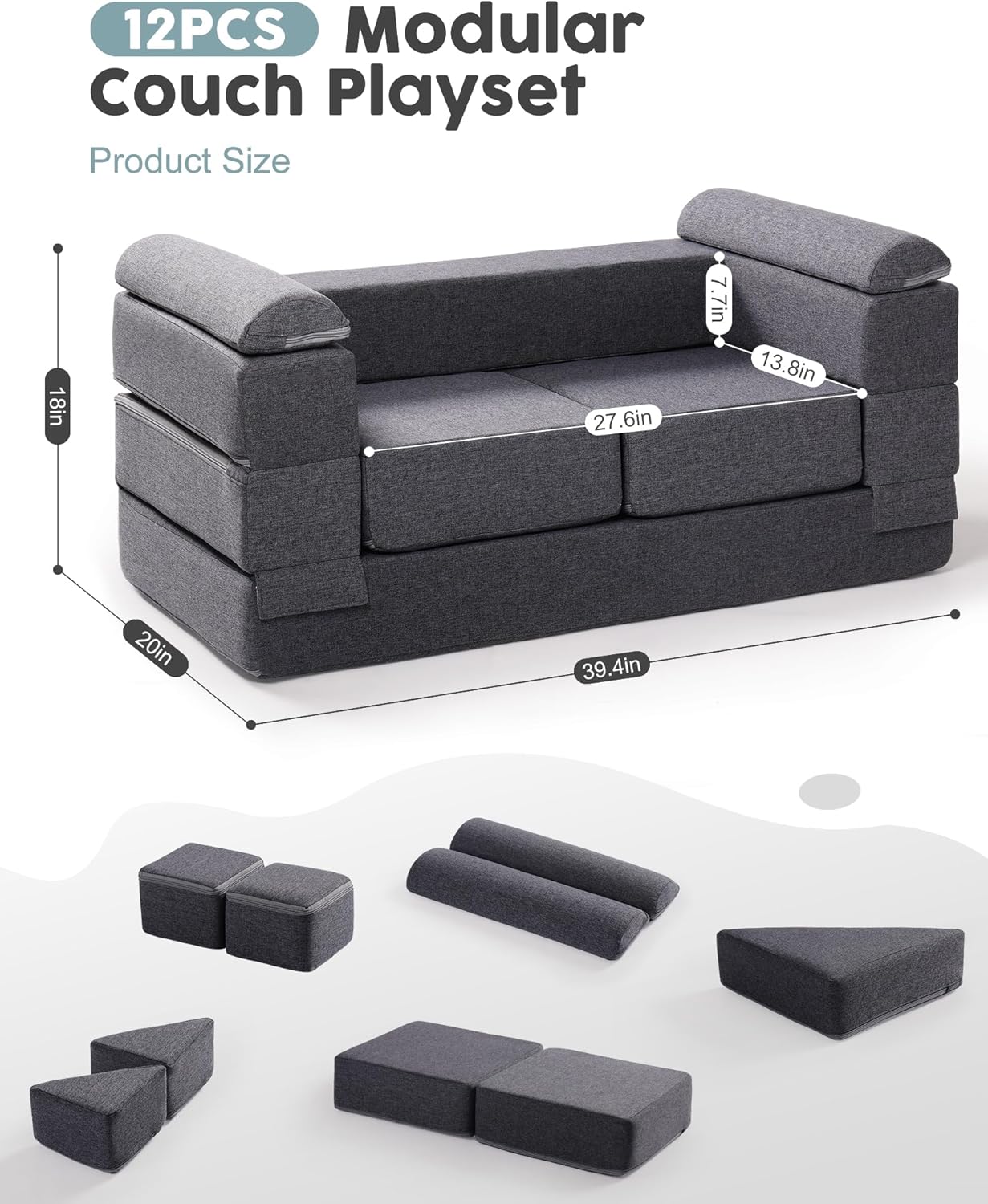 ROBUD Kids Couch, Gray Modular Kids Play Couch, DIY-Style & Washable Toddler Sofa for Playroom, Bedroom, Nursery, WG412