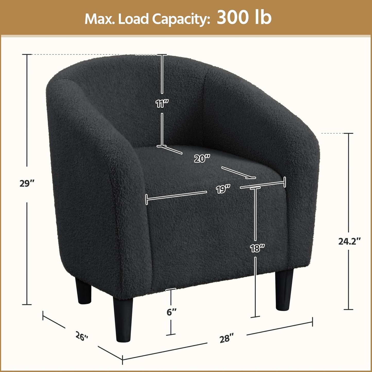 Yaheetech Accent Barrel Chair, Boucle Fabric Club Chair, Furry Sherpa Elegant Armchair with Cozy Soft Padded, Suitable for Living Room Bedroom Reception Room Office, Dark Gray