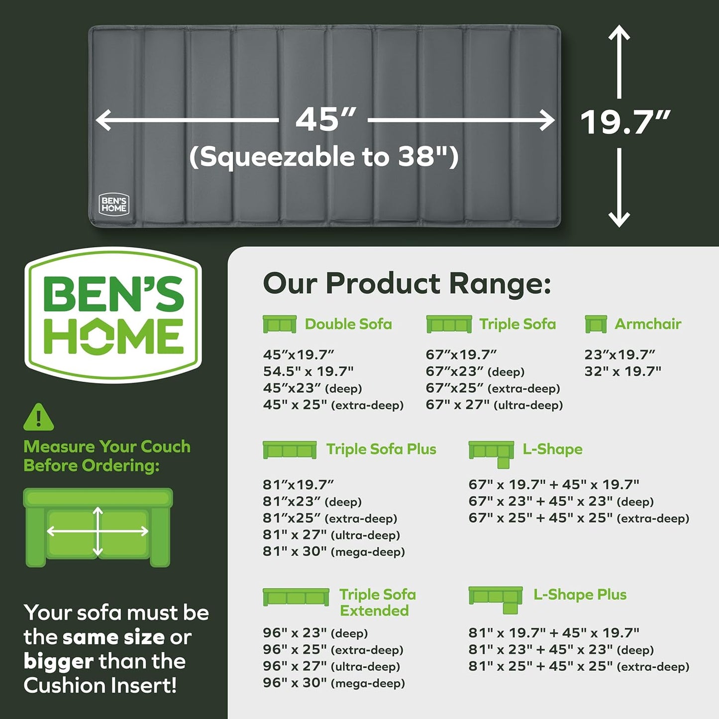 BEN'SHOME® Loveseat Cushion Support for fix Sagging Seats - Heavy Duty Solid .5" Wood Sofa Support Board | Adjustable 38"-45" x 19.7" Under Cushion Insert | Non-Slip Furniture Saver | 400 LB Capacity