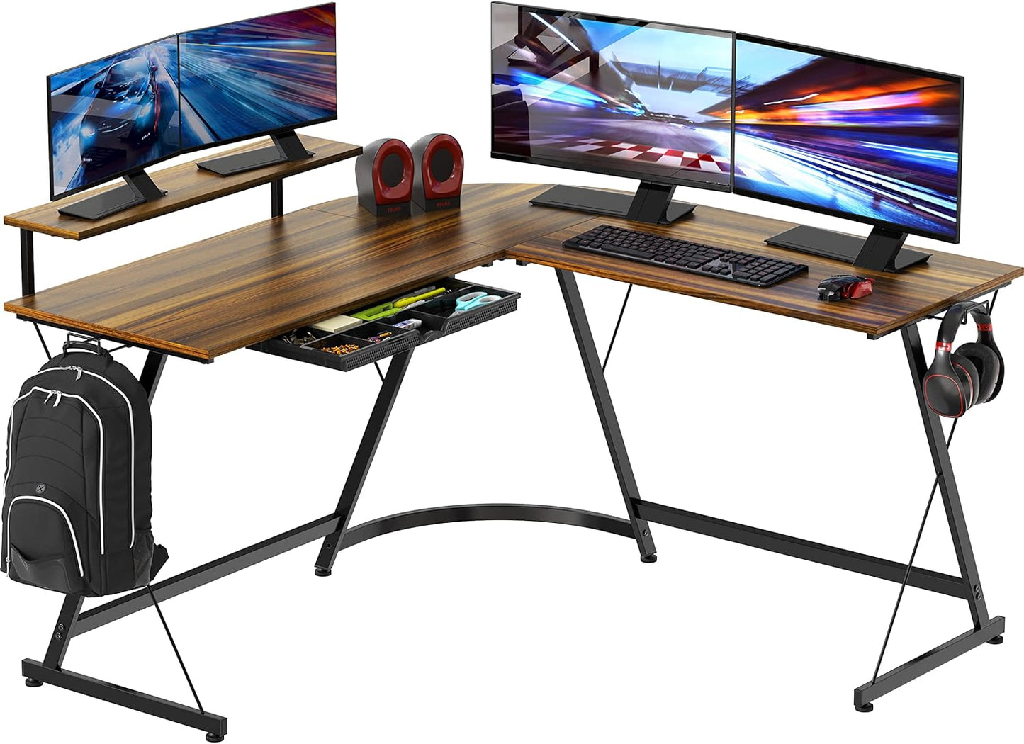 SHW 51 x 51 Inches Vista L-Shaped Desk with Monitor Stand and Drawer, Walnut