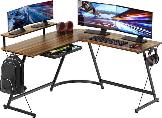 SHW 51 x 51 Inches Vista L-Shaped Desk with Monitor Stand and Drawer, Walnut