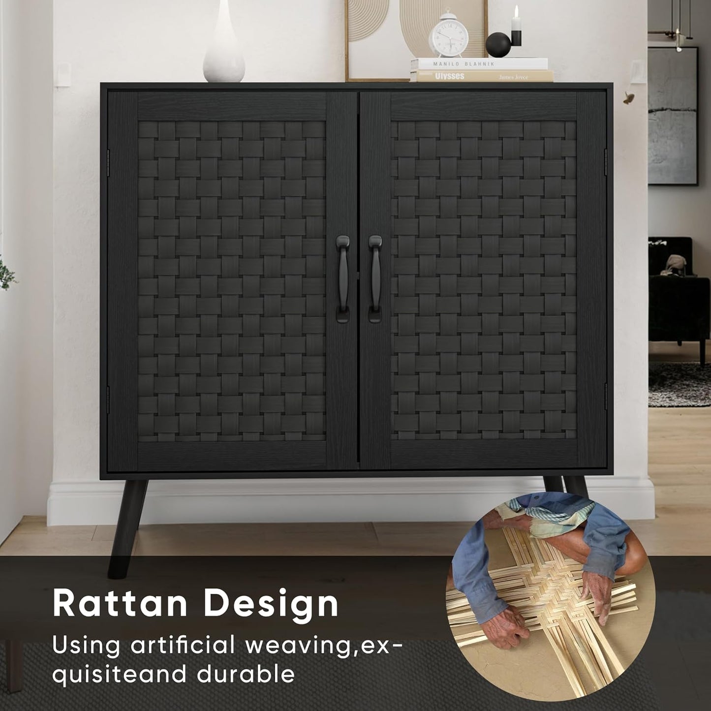 Smuxee Black Sideboard, Freestanding Buffet Cabinet with 2 PVC Rattan Doors, Storage Cabinet with Adjustable Shelf for Living Room, Entryway, Hallway