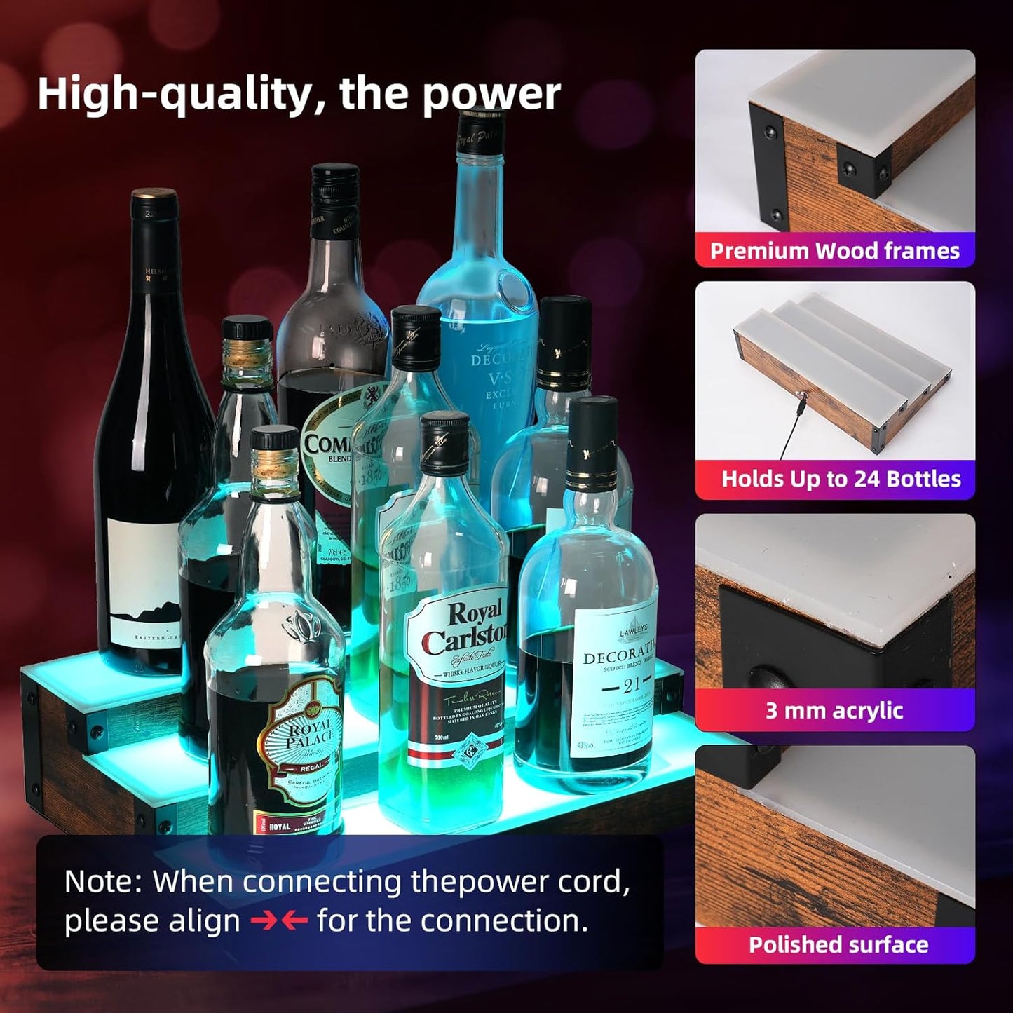 2 Pack 16 Inch LED Lighted Liquor Bottle Display Shelf, 3 Tier LED Bar Shelves, RGB Acrylic Bar Shelf with RF & App Control, 7 Colors, Music Sync& 1-4H Timming, Wine Rack Stand for Bar, KTV, Party