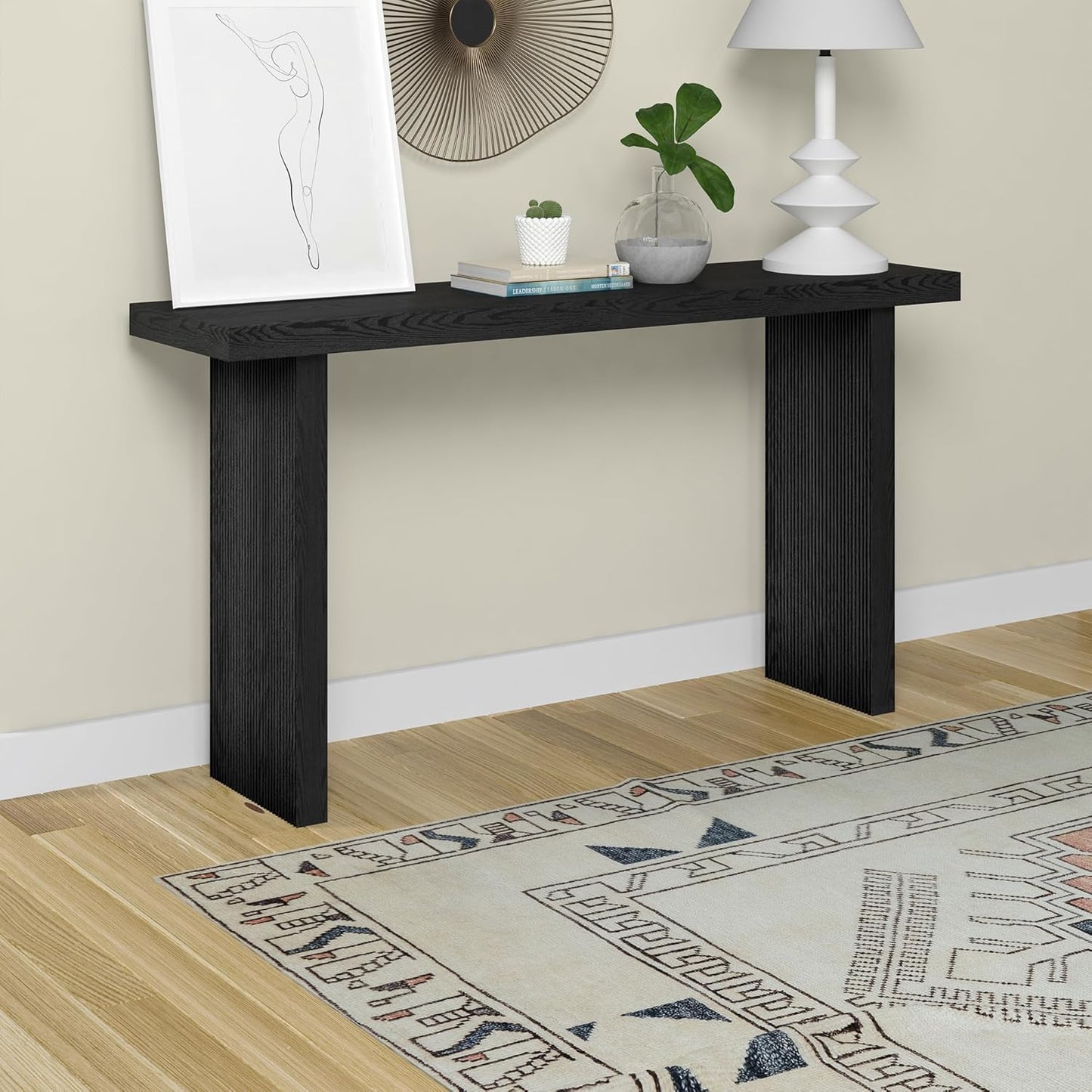 Henn&Hart 55'' Wooden Rectangular Fluted Console Table Entryway Table, Sofa Table for Entryway, Living Room, Couch, Hallway, or Office, Black Grain