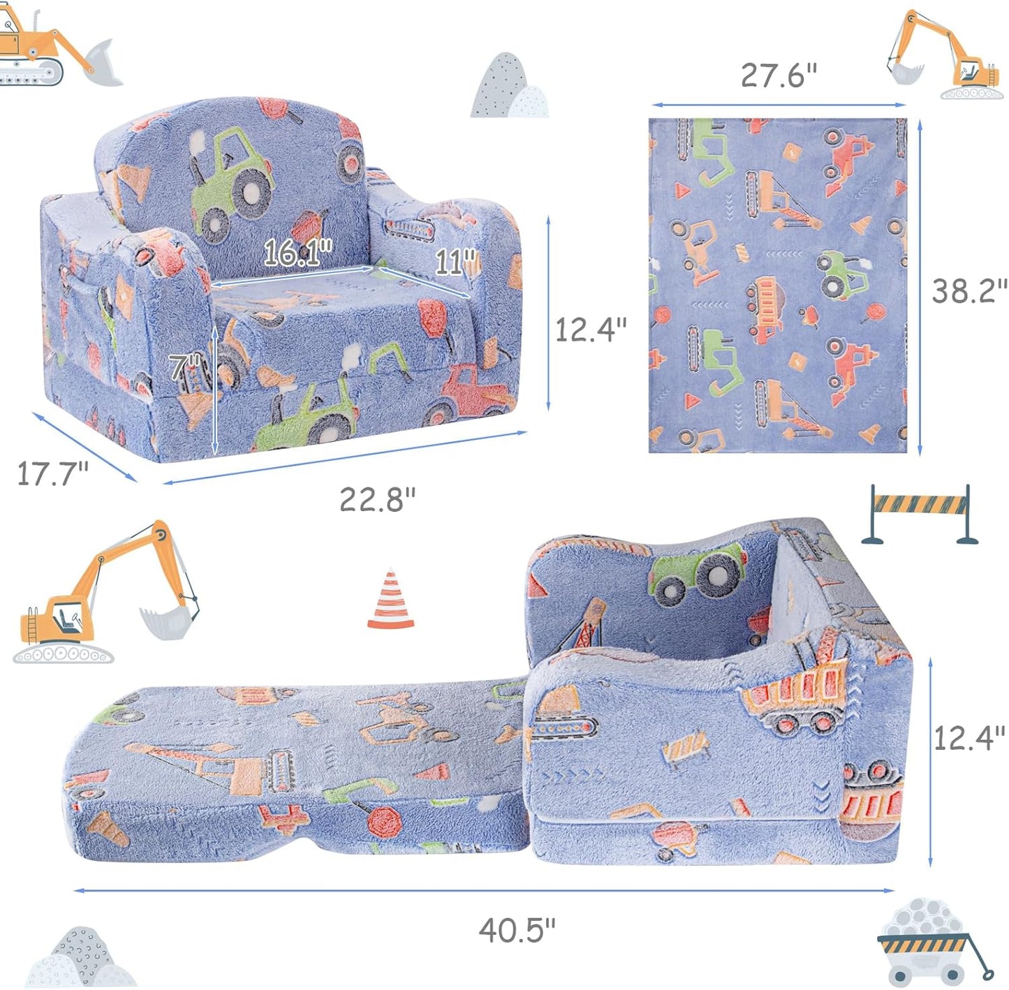 Comfy Toddler Chair and Couch for Kids with Blanket,2-in-1 Soft Plush Fold Out Toddler Couch for Girls and Boys,Convertible Sofa to Lounger for Playroom,Car Excavator