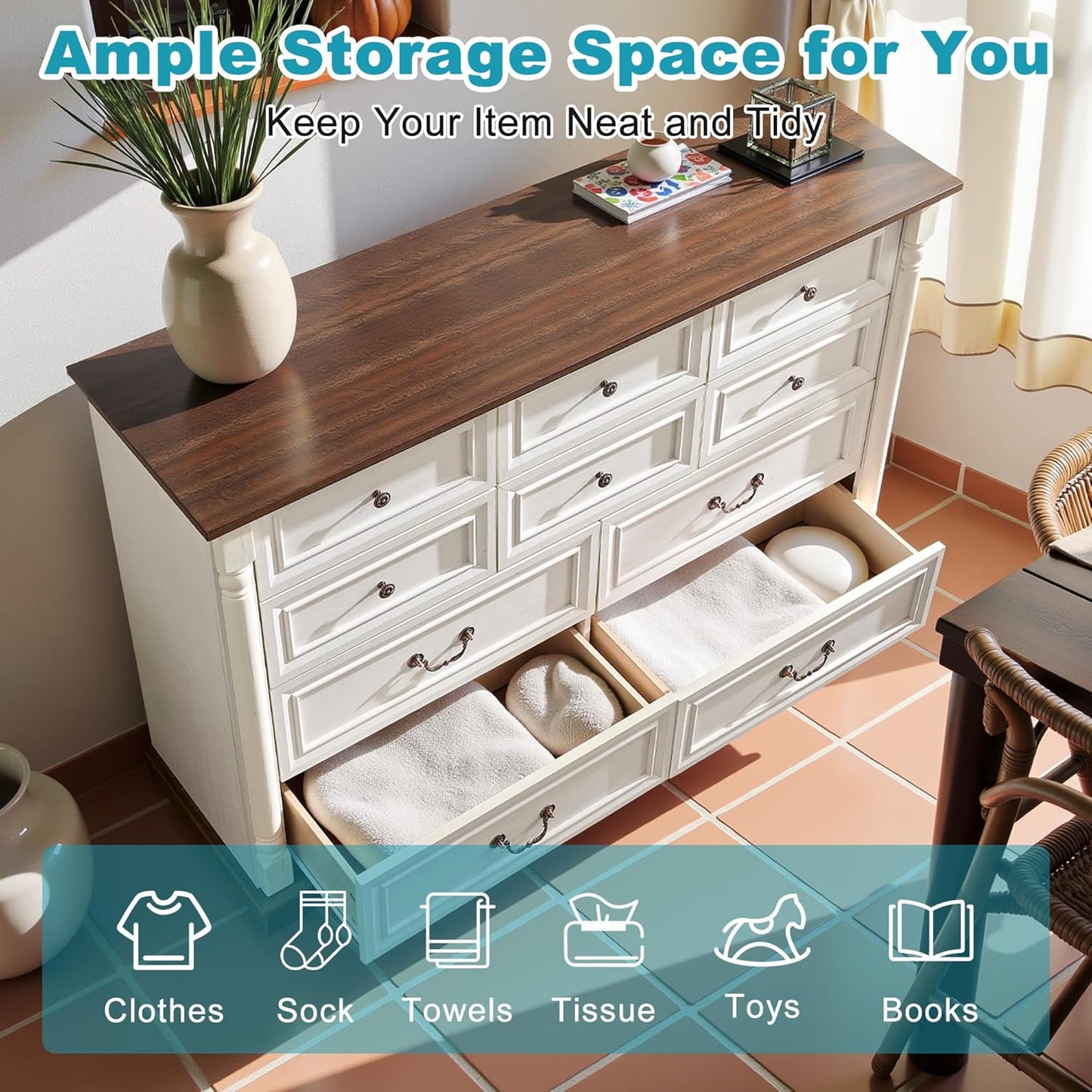 53.54" Farmhouse Sideboard Buffet Cabinet with Storage, Kitchen Buffet Storage Cabinet with 10 Drawers, Modern Wood Accent Sideboard for Living Room, Kitchen, Hallway(Antique White)