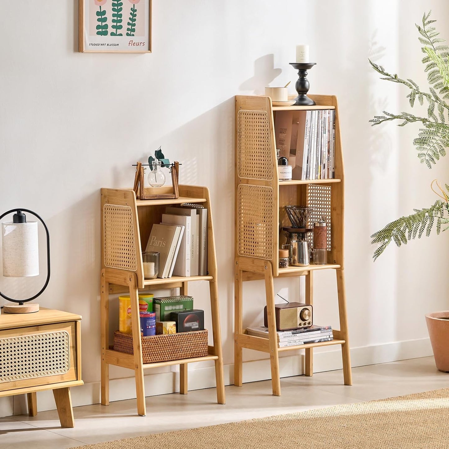 Welnow Bamboo Rattan Bookcase with Cabinet, 2-Tier Storage Shelf with Side Table & End Table Function, Large Modern Wood Organizer for Living Room or Bedroom, Natural Bookshelf