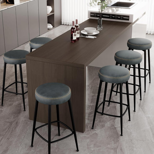 Counter Height Bar Stools, 26" H Backless Bar Stools Set of 6, Upholstered Faux Leather Kitchen Counter Stools, Mid Century Modern, Kitchen Island Home Bar, Pub, Black Blue