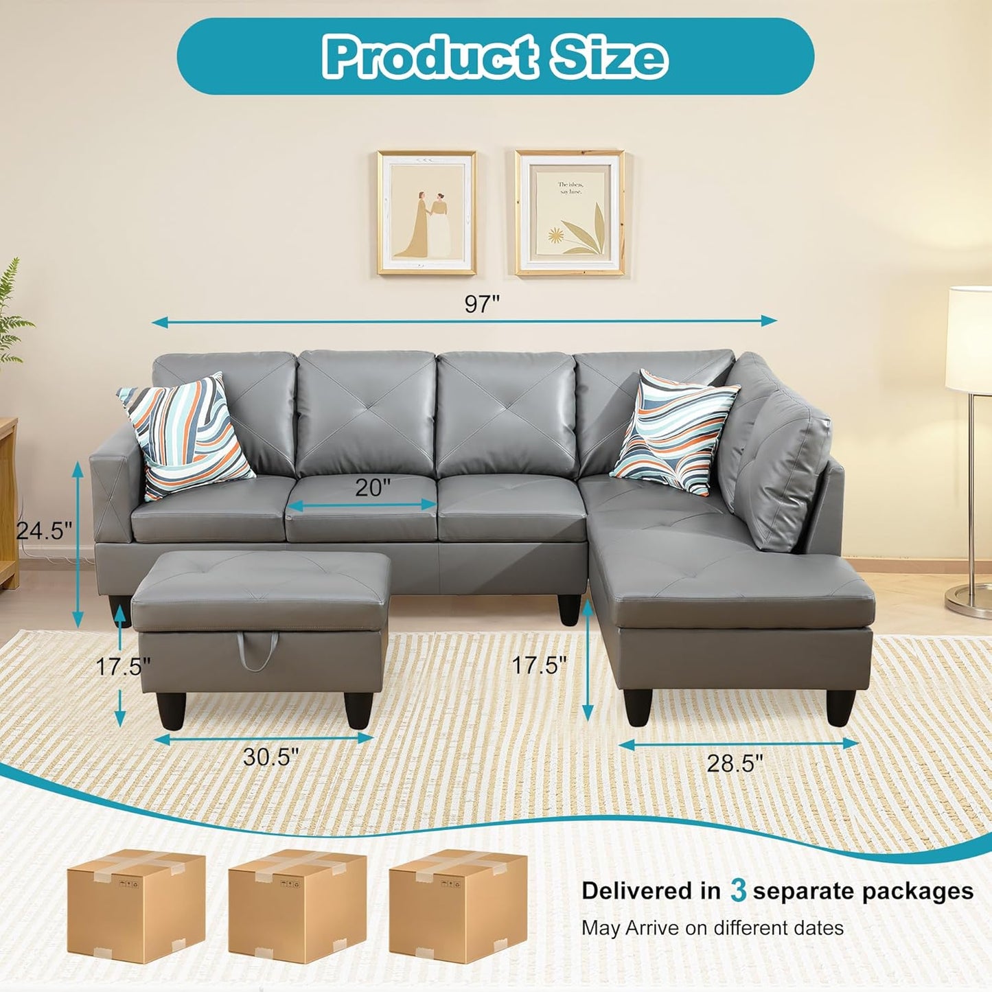 Couches for Living Room Faux Leather L Shaped Couch Comfy 3 Pieces Sectional Sofa with Chaise, Ottoman with Storage for Office and Small Apartment, Dark Grey