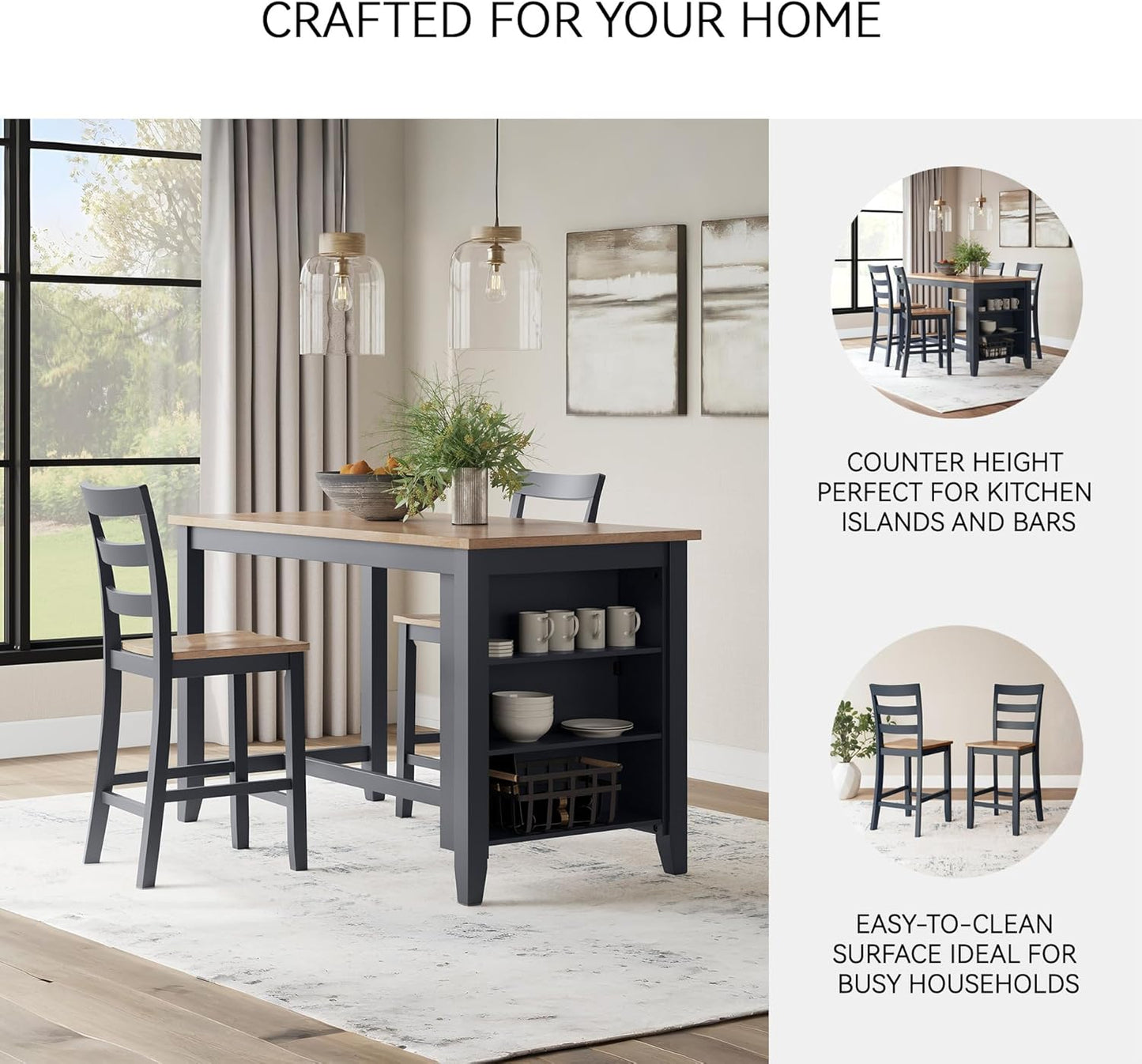 Signature Design by Ashley Gesthaven Solid Wood Frame Counter Height Barstool, Set of 2, Slate Blue/Natural