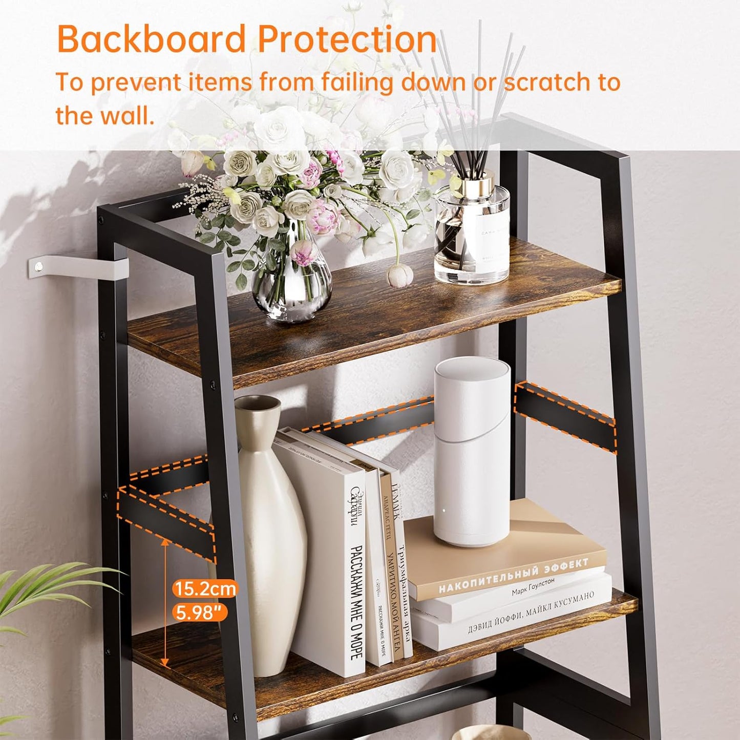 HITNET Ladder Shelf, 4 Tier Bookshelf with Bamboo Frame, Freestanding Bathroom Storage Shelving Unit for Living Room, Home Office, Bedroom, Rustic Brown and Black