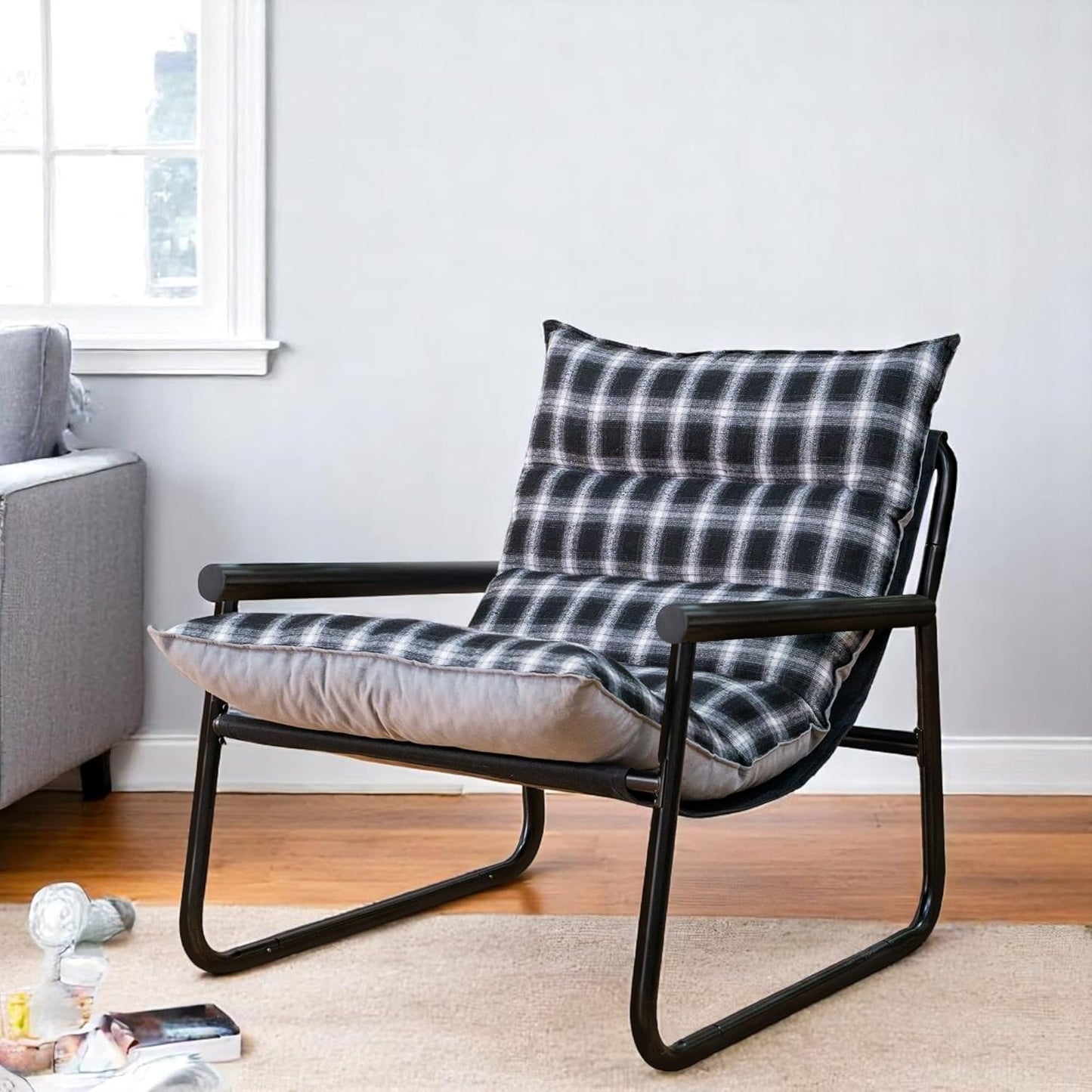 Plush Modern Accent Chair Single Comfy Chair for Bedroom — Ergonomic Lounge Chair with Stylish Upholstery, Space-Saving Design & Easy Assembly Plaid & Grey