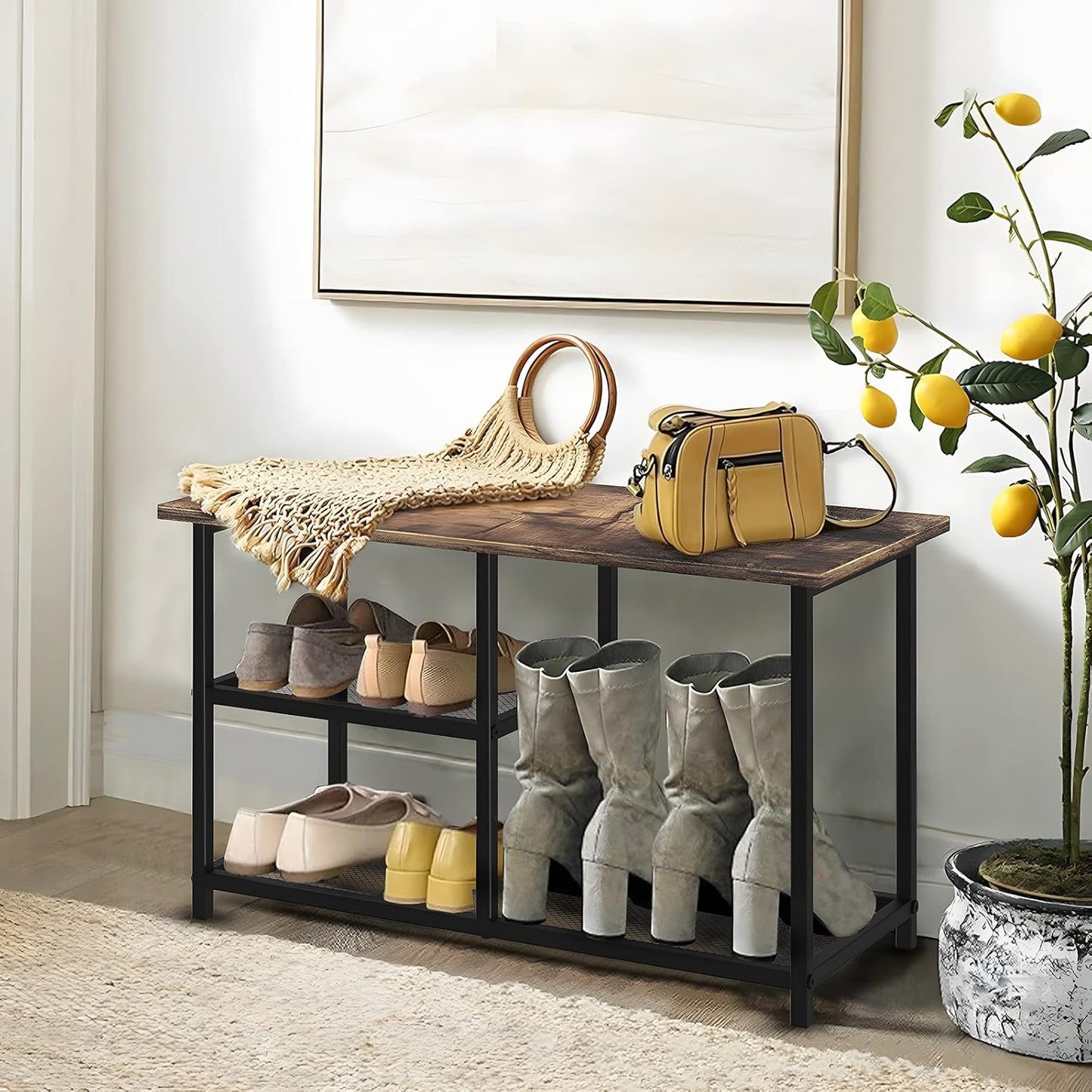 Rustic Wood Bench with 3-Tier Shoe Rack for Small Spaces - Free Standing Shoe Storage Shelf with Boot Organizer