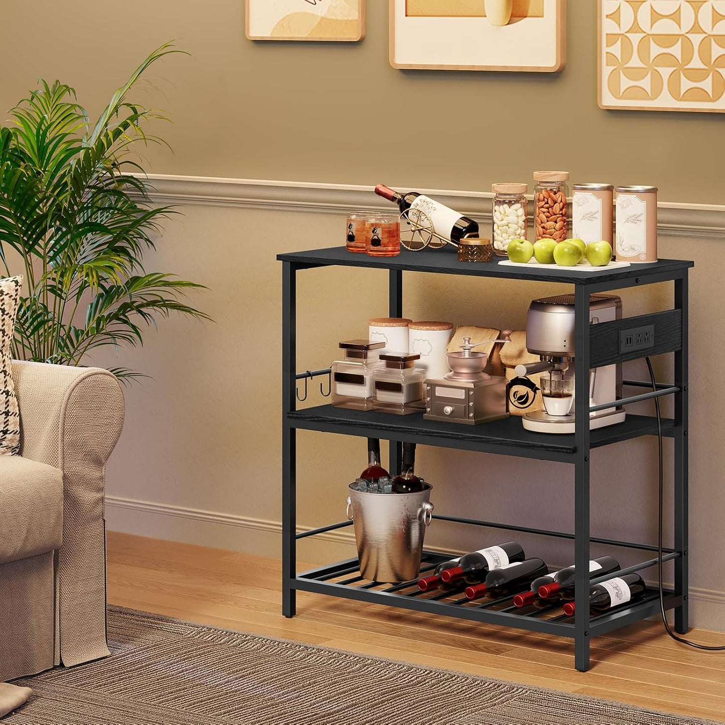 HOOBRO Kitchen Island with Storage, Kitchen Island Table with Power Outlet, 35.4" L 3 Tier Coffee Station and Microwave Stand, for Home, Kitchen and Dining Room, Black BB021ZD01