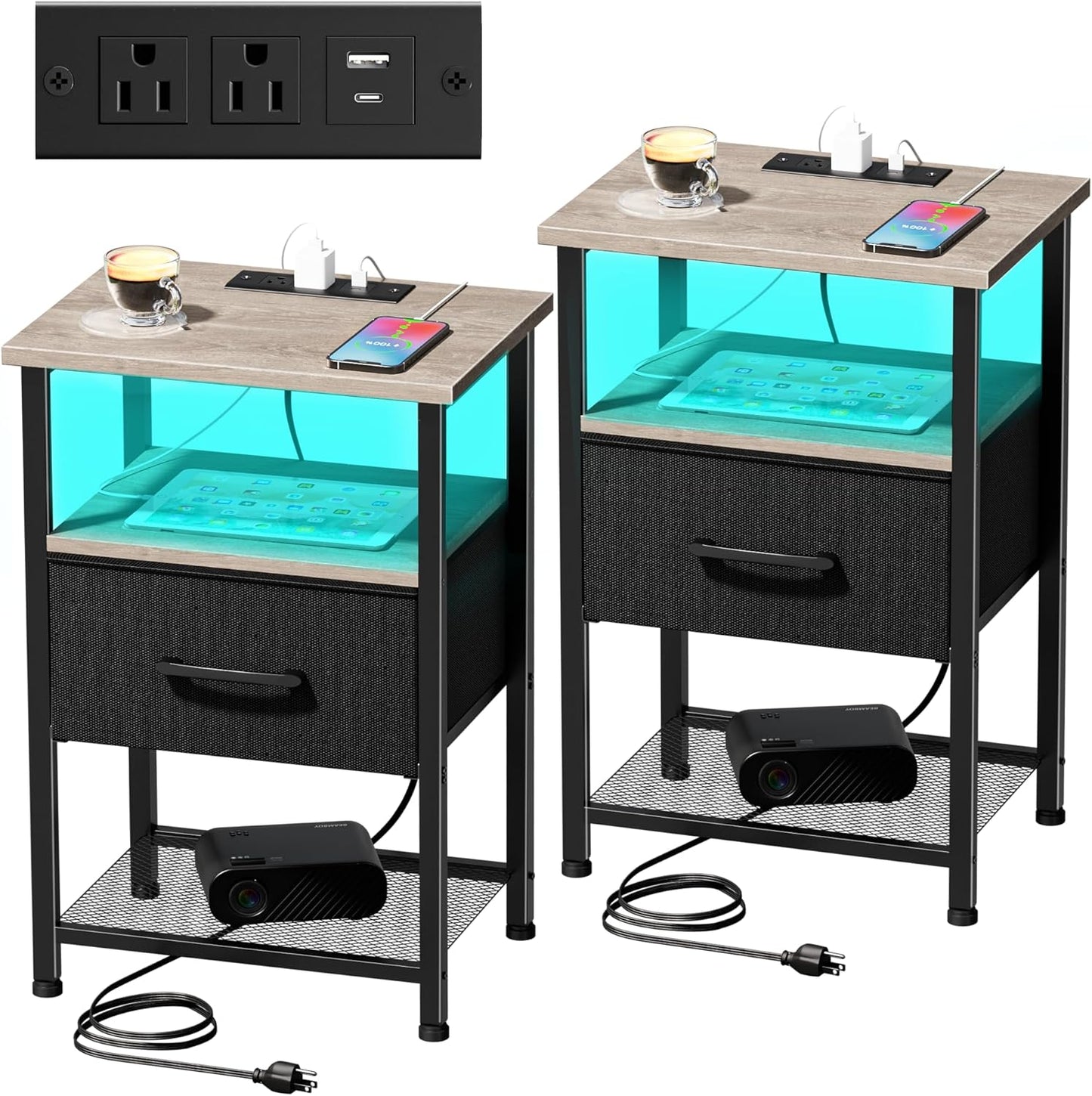 Nightstands Set of 2 with Charging Station and Drawer, End Table Bedside Table with 20 Colors LED Light Strip and 2 Layers Shelf for Bedroom Living Room Sofa (Grey)