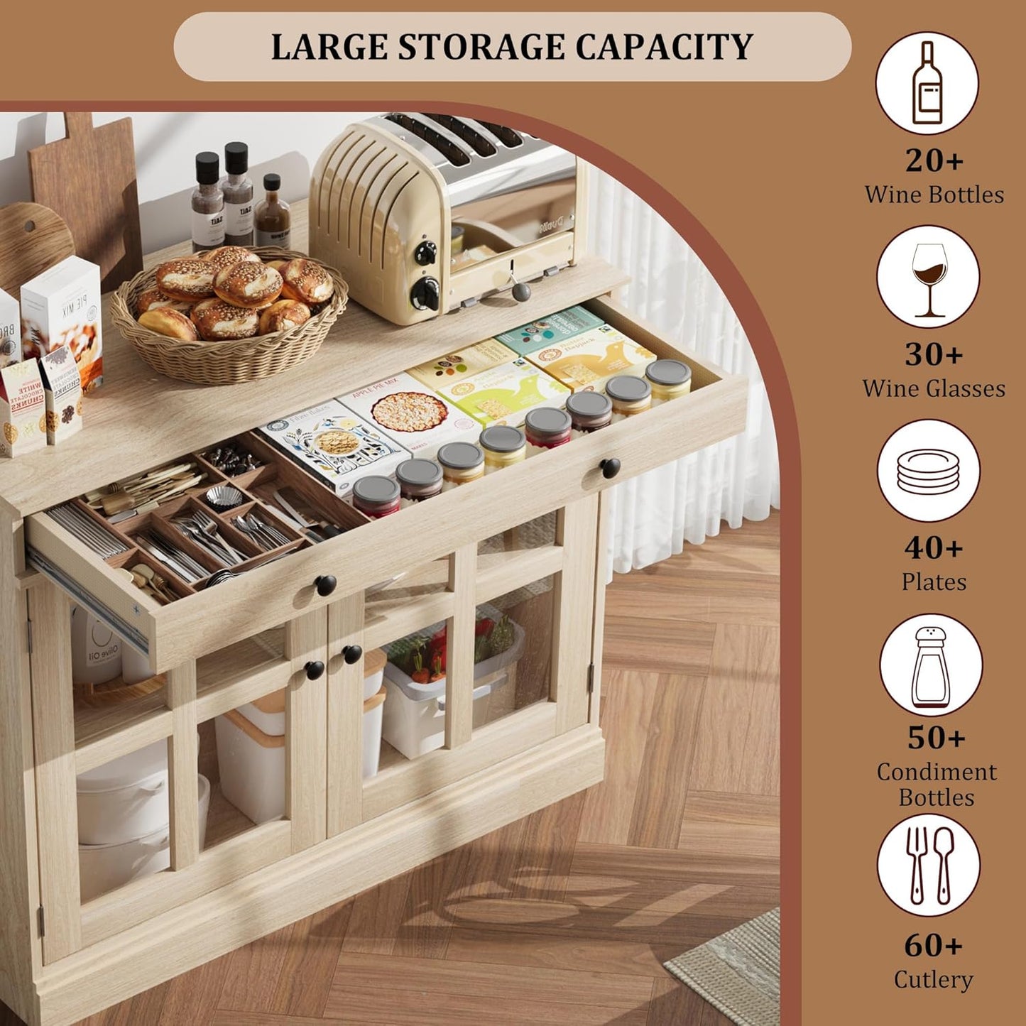 GarveeHome 35.4" Sideboard Buffet Cabinets with Glass Door, Buffet Cabinet with Storage, Oak Sideboard Cabinet with Drawer, Modern Buffets & Sideboards for Dining Room, Kitchen