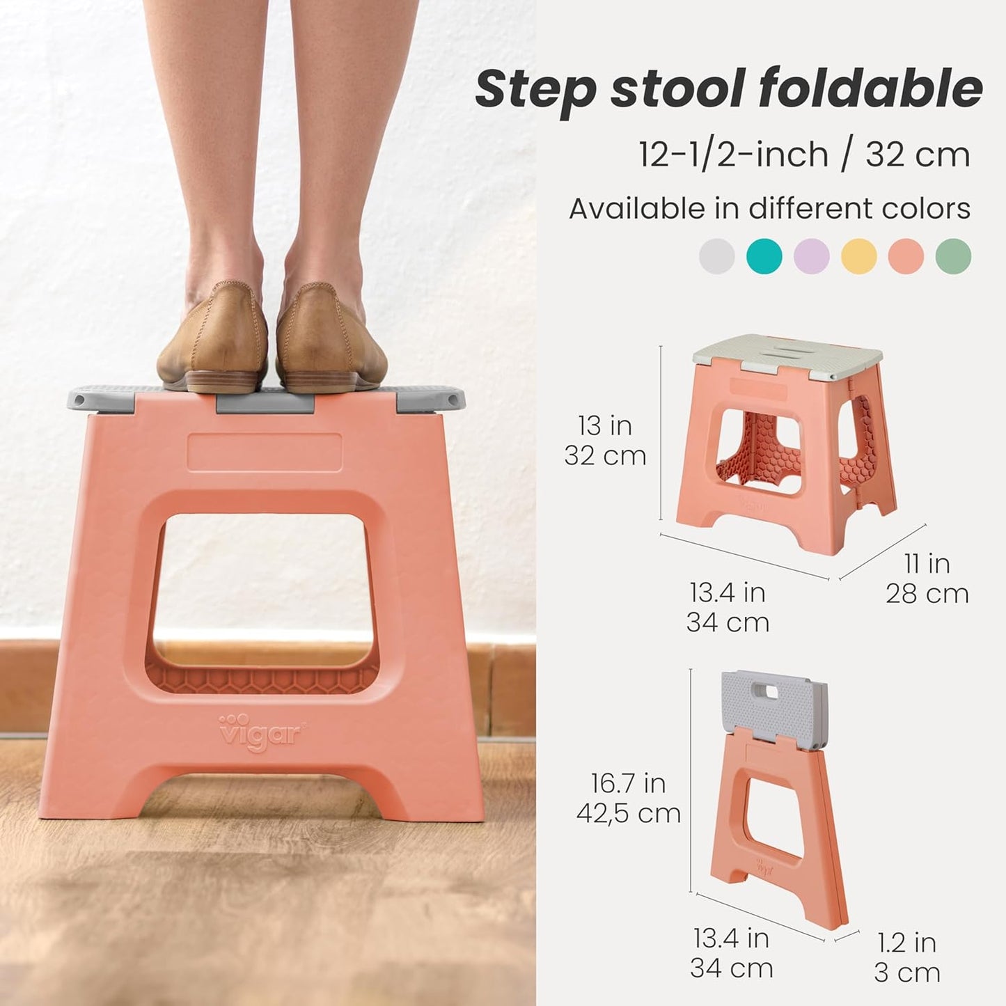 Vigar Compact Step Stool Foldable, 12-1/2-inch Step Stools for Adults up to 330 Pound, Lightweight Stool, Non-Slip Folding Step Stool, Sunrise Orange