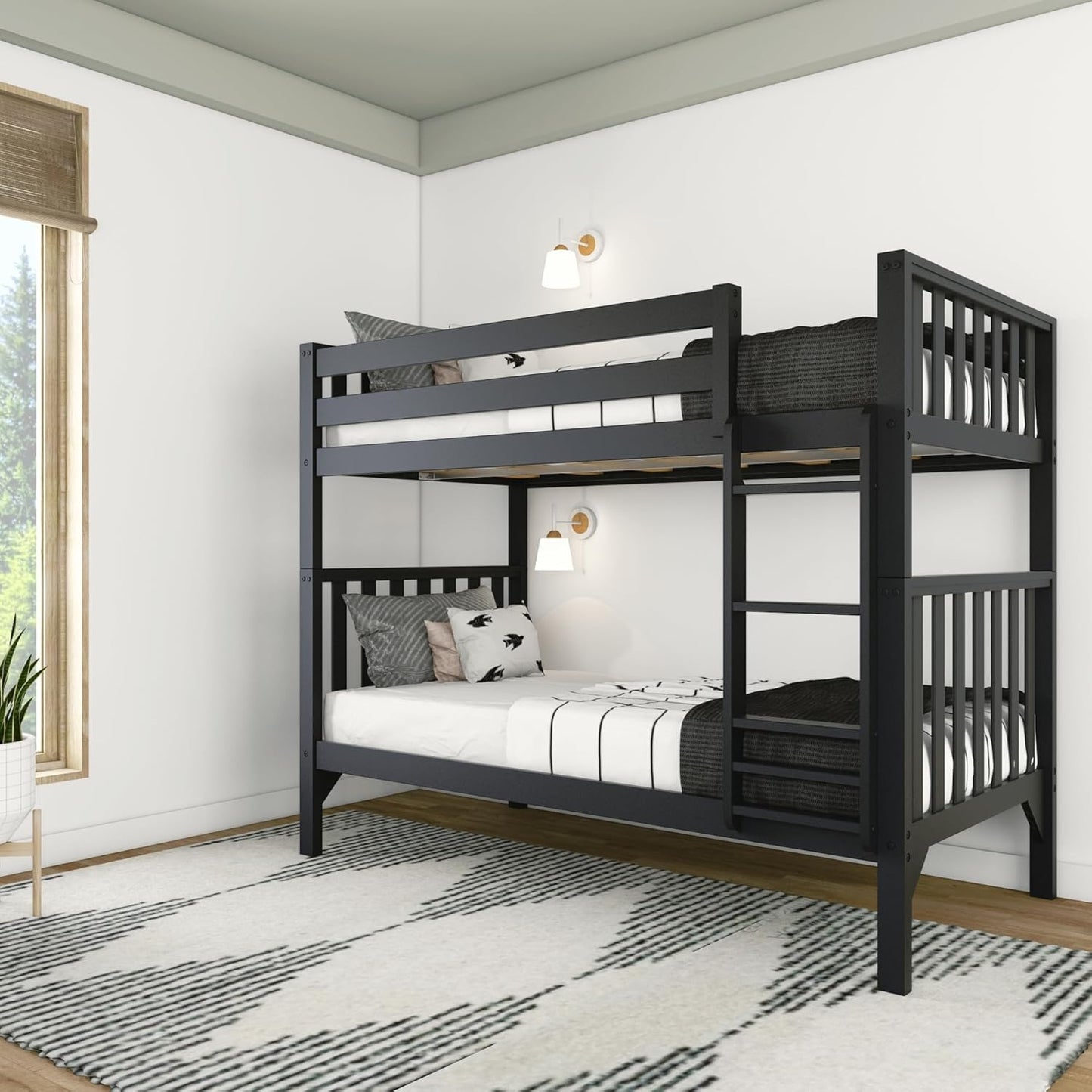 Max & Lily Bunk Bed, Scandinavian Modern Bunk Bed, Solid Wood Twin-Over-Twin Bed Frame for Kids, No Box Spring Needed, Black