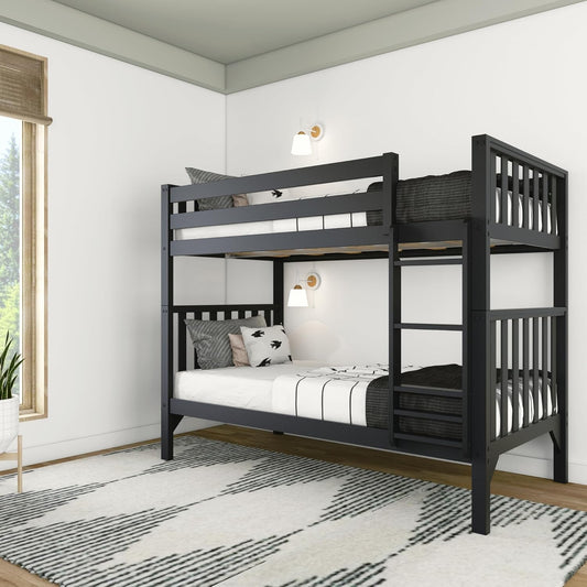 Max & Lily Bunk Bed, Scandinavian Modern Bunk Bed, Solid Wood Twin-Over-Twin Bed Frame for Kids, No Box Spring Needed, Black