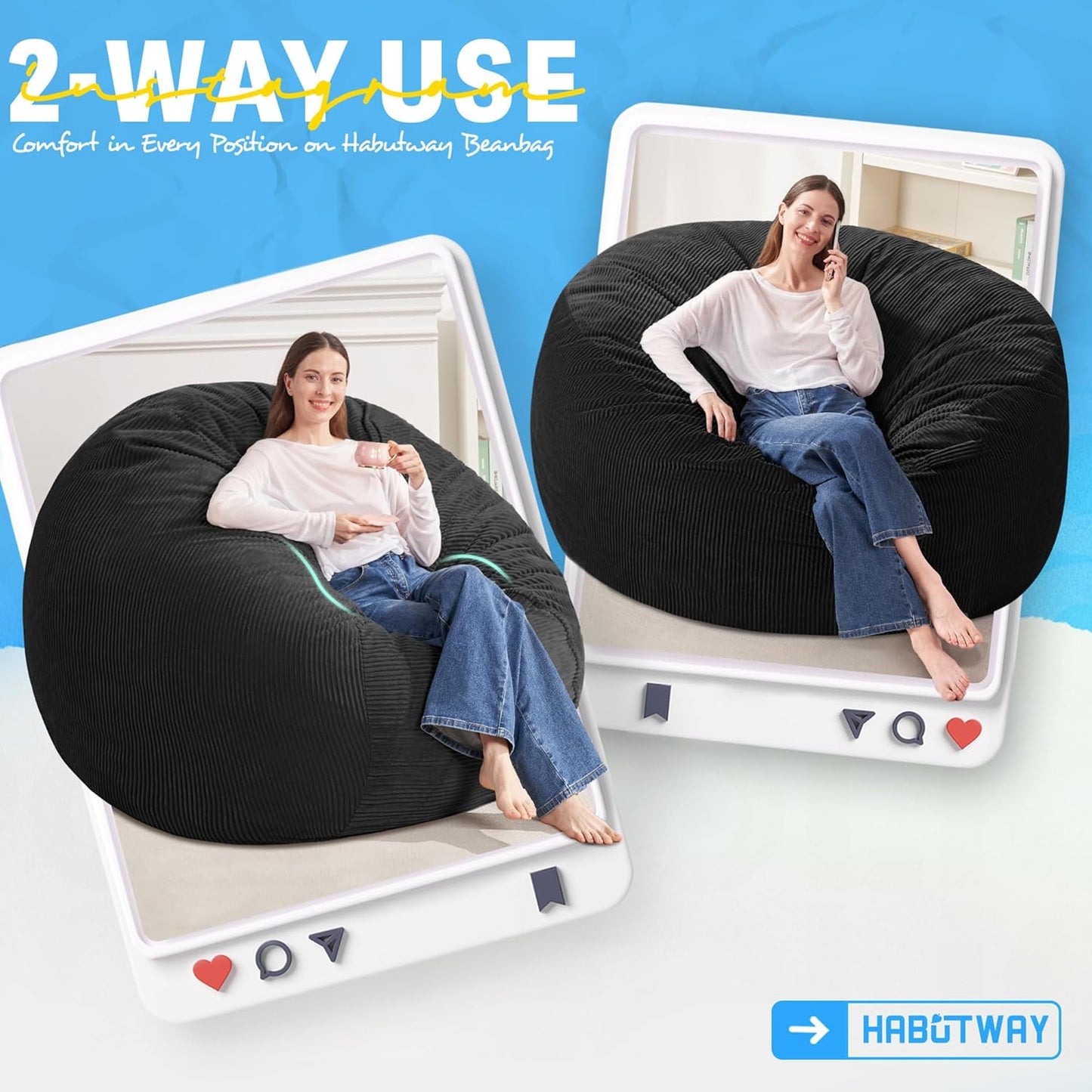 HABUTWAY 5FT Bean Bag Chair,Giant Bean Bag Chairs for Adults,Big Bean Bags with Memory Foam Filled, Large Beanbag Chairs with Soft Corduroy Cover-Black