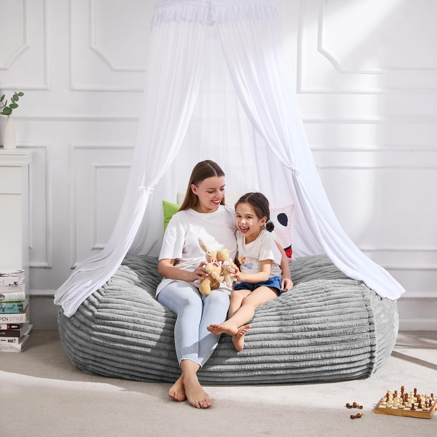 Hobestluk 4FT Bean Bag Chairs Adult Bean Bag with Portable Handle Comfy Large Bean Bag Chair with Removable Cover for Living Room Bedroom or Reading Nook (Stripe Grey, 4FT)