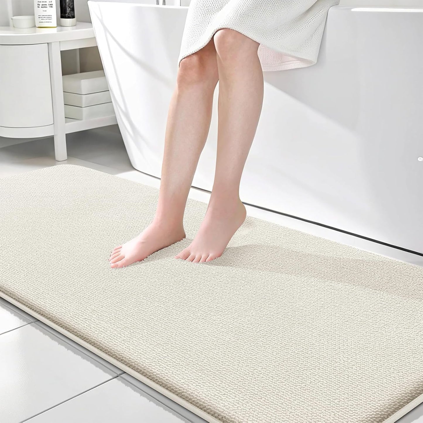 OLANLY Thick Memory Foam Bath Mat Rug 70x24, Extra Soft Absorbent Bathroom Rug, Quick Dry Bath Mats, Non-Slip, Machine Washable Carpet for Bathroom, Tub and Shower, Home Decor Accessories, Ivory