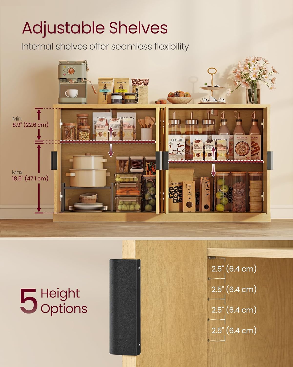 VASAGLE MAXE Collection - Buffet Cabinet, Console Cabinet, Sideboard with Adjustable Shelves, Fluted Doors, Transitional, Kitchen Pantry, Oak Beige UBBK382Y01S