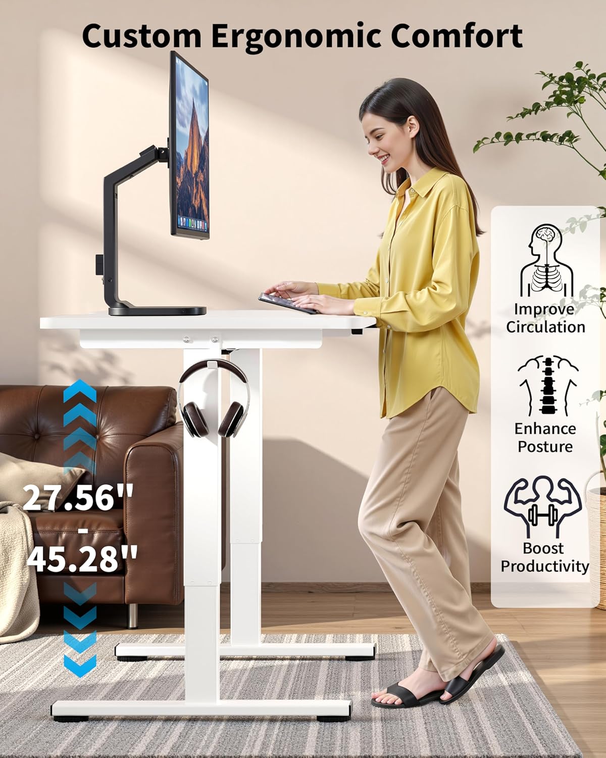 Okin Small Electric Standing Desk, 36" x 24" Whole Piece Height Adjustable Desk, White Sit to Stand Computer Workstation for Home Office