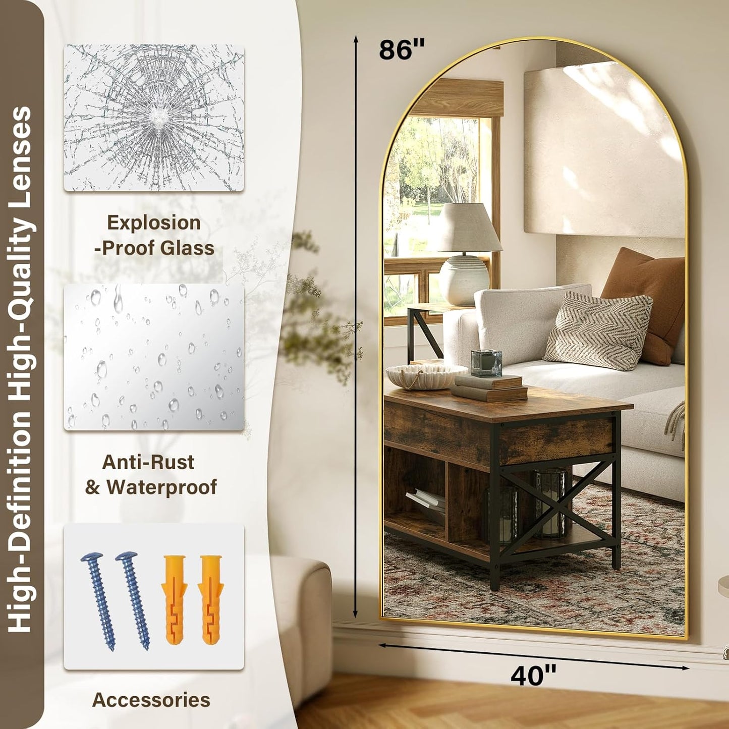 86"x40" Arched Full Length Mirror Floor Mirrors with Aluminum Alloy Frame Free-Standing Wall Mounted Floor Mirrors or Large Dressing Mirror, Gold Mirror Full Length