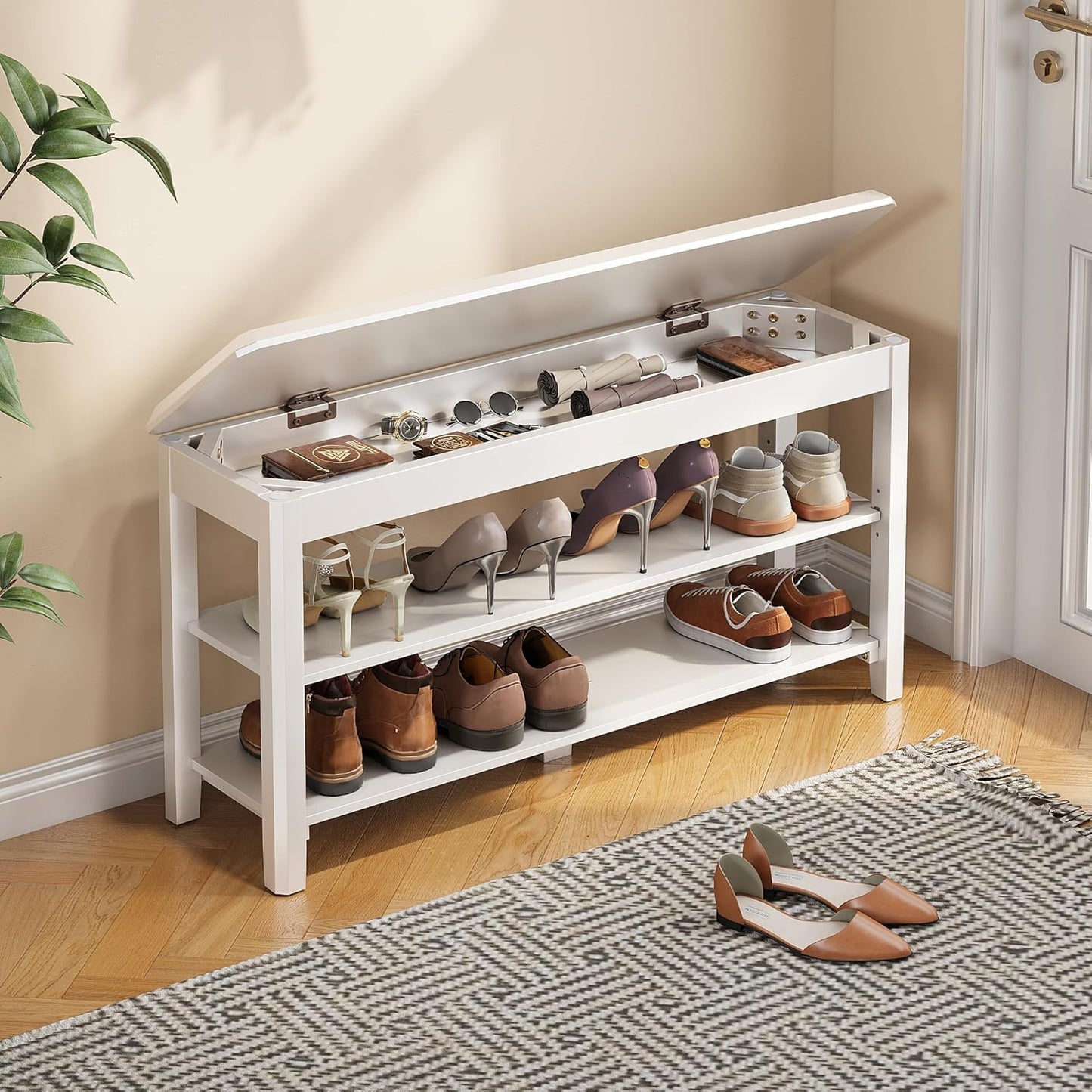 Shoe Rack Bench Seat Rubberwood 2-Tier Wooden Storage Bench 550lbs Compact Mid-Century Modern Design for Entryway, Hallway, Closet, Front Door Entrance, Foyer