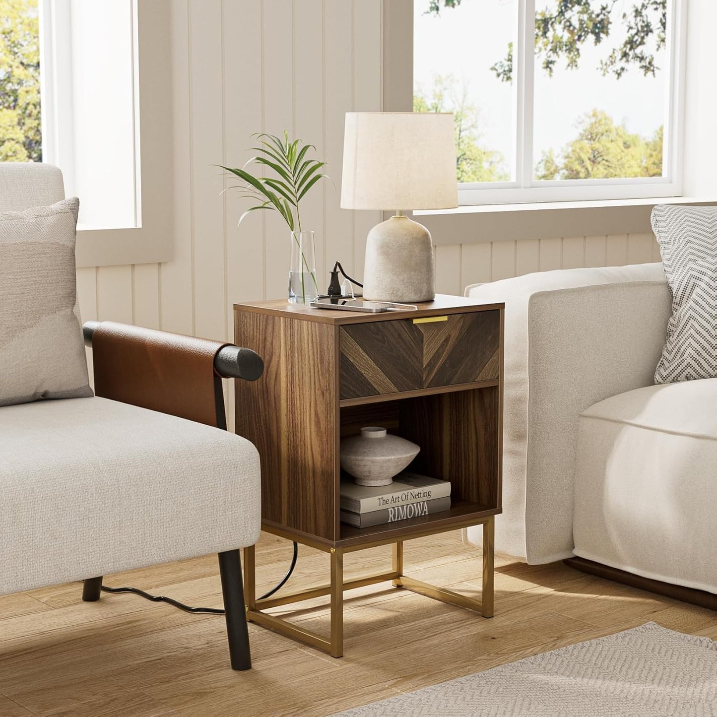 Masupu Nightstand with Charging Station,Modern Night Stand Boho Farmhouse Wood Bedside Table with Storage Drawer Side End Table for Bedroom,Living Room,Office,Walnut Brown with Outlet