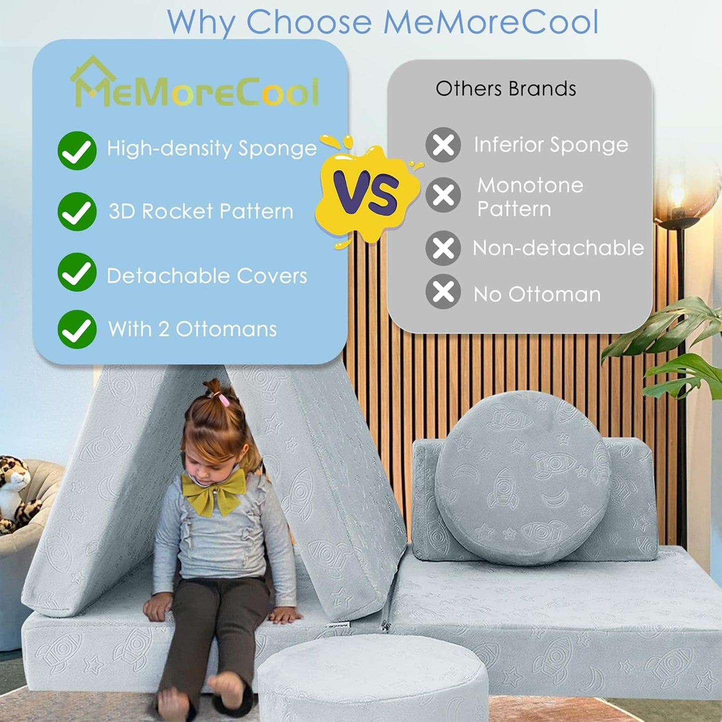 MeMoreCool Modular Kids Play Couch Sofa, Gray 8-Piece Fold-Out Convertible Toddler Couch with Rocket, Star, and Moon Patterns for Playroom