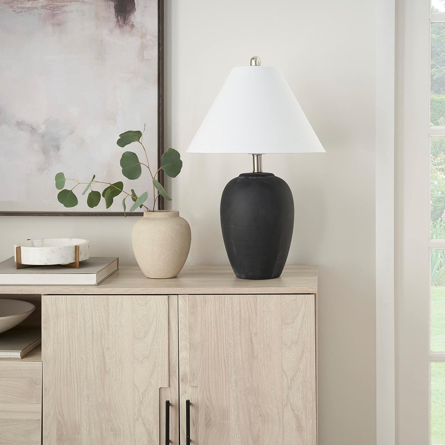 Nourison Home 23" Black Vintage Distressed Ceramic Pot Table Lamp for Bedroom, Living Room, End Table, with White Conical Empire Shade