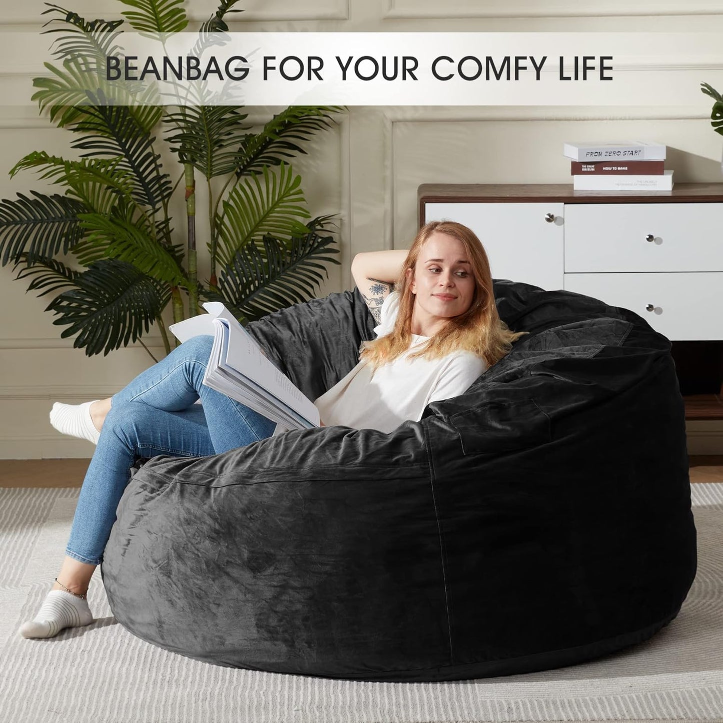 HABUTWAY Bean Bag Chair: Giant 5' Memory Foam Furniture Bean Bag Chairs for Adults with Microfiber Cover 5Ft (Black)