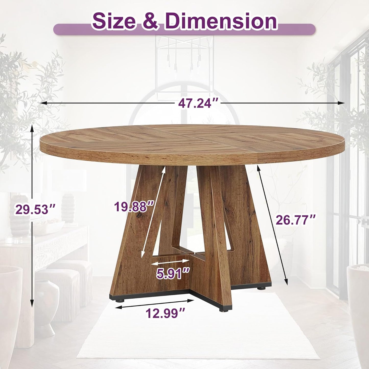 Round Dining Table for 4, 47" Wooden Kitchen Dinner Table Rustic, Farmhouse Table for Dining Room, Living Room, Light Oak Brown