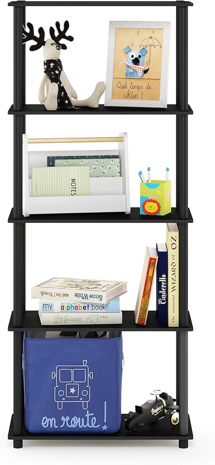 Furinno Turn-N-Tube 5-Tier Multipurpose Shelf / Display Rack / Storage Shelf / Bookshelf, Round Tubes, Americano/Black