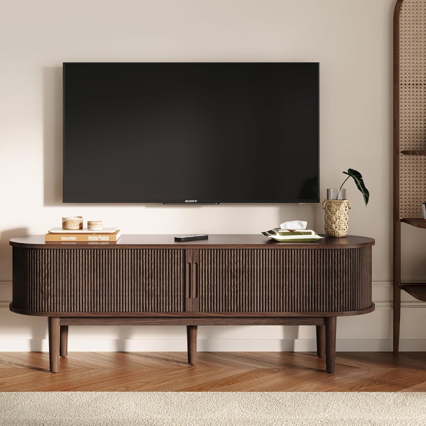 LINSY 58" Fluted TV Stand, Modern Entertainment Center for TVs Up to 65 inches, TV Console with Sliding Doors, Curved Profile Design, Media Console for Living Room, Walnut