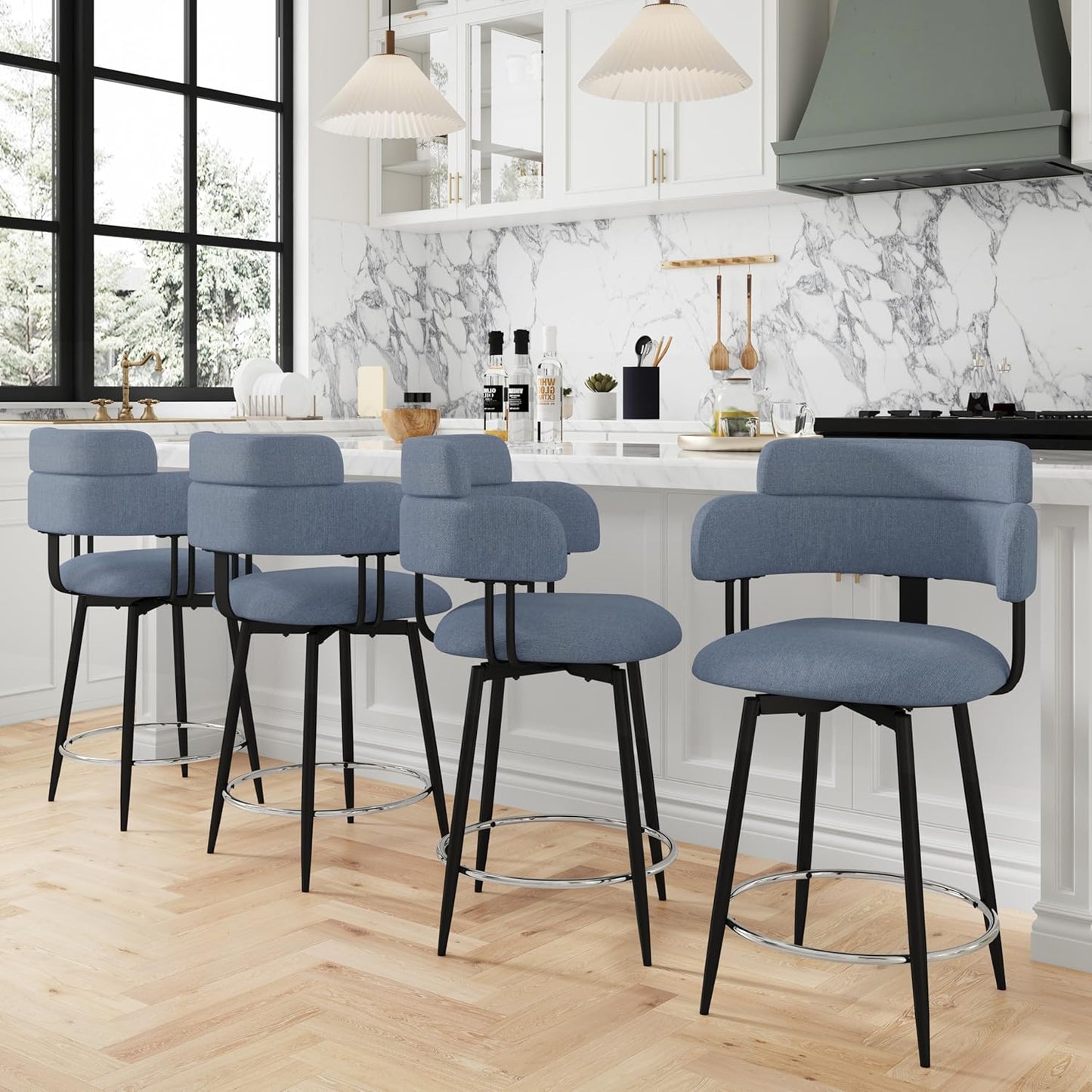 Swivel Bar Stools Set of 2, Counter Height Bar Stools with Ergonomic Full Back, Upholstered Linen Fabric Barstools with Chrome Metal Footrest for Kitchen Island, Dining Room