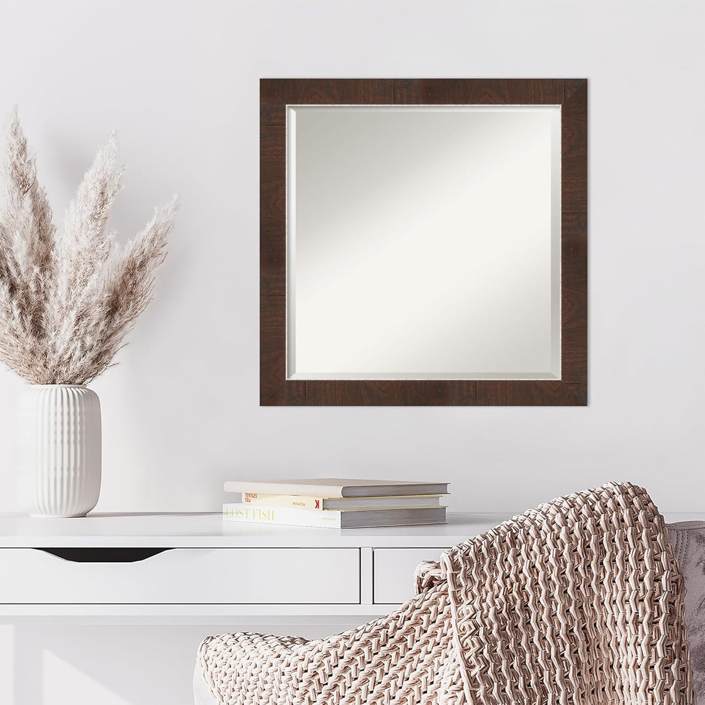 Amanti Art Brown Wall Mirror 23x23 Wildwood Brown Narrow Square Bathroom Mirror for Wall Decor Living Room, Medium Rustic Farmhouse Frame, Hangs Horizonally and Vertically, Bathroom Decor, Beveled