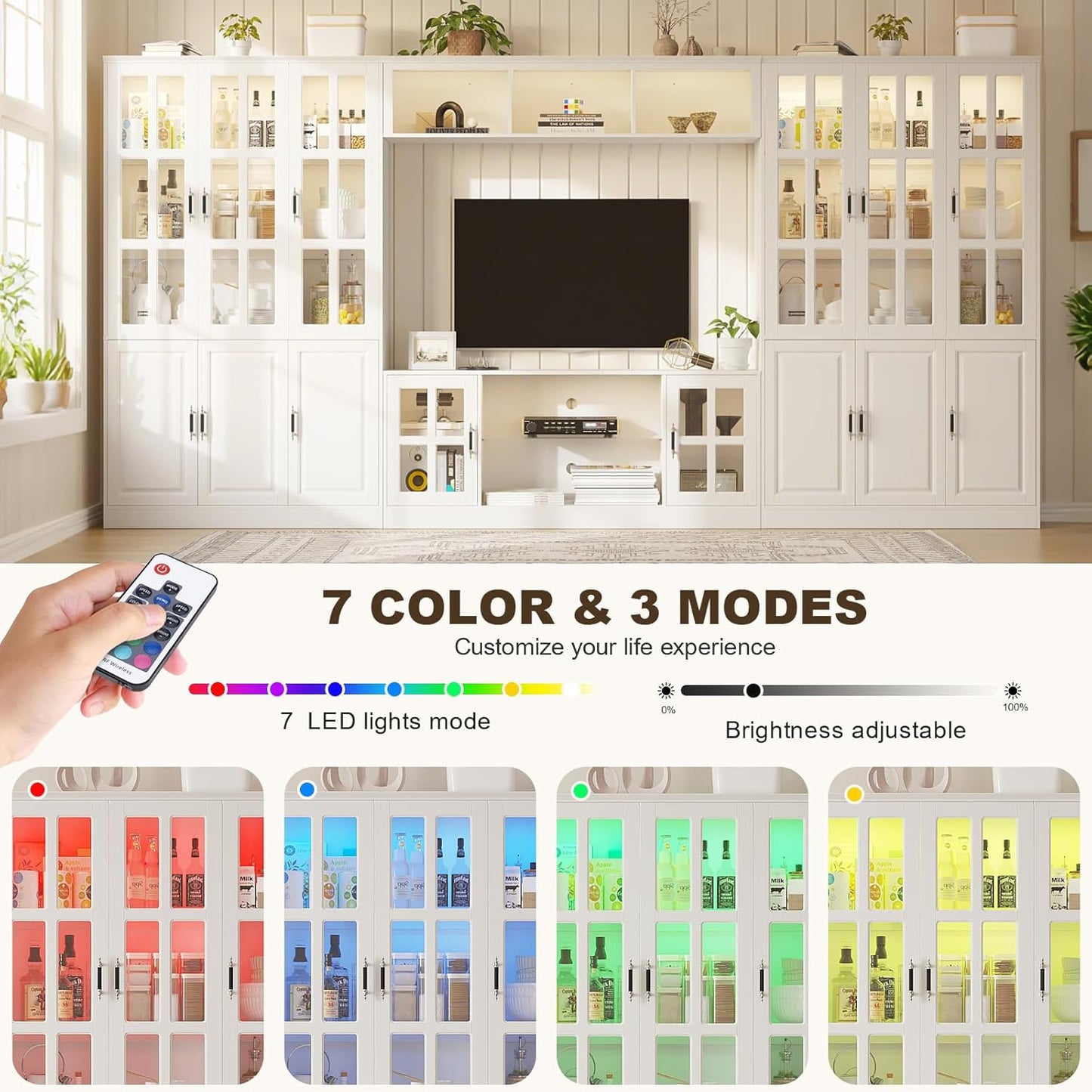 4-Piece Wall Unit TV Stand with Storage & LED Lights for TVs up to 75", Modern Entertainment Center with Bookshelves & 6-Door Pantry Cabinet, White