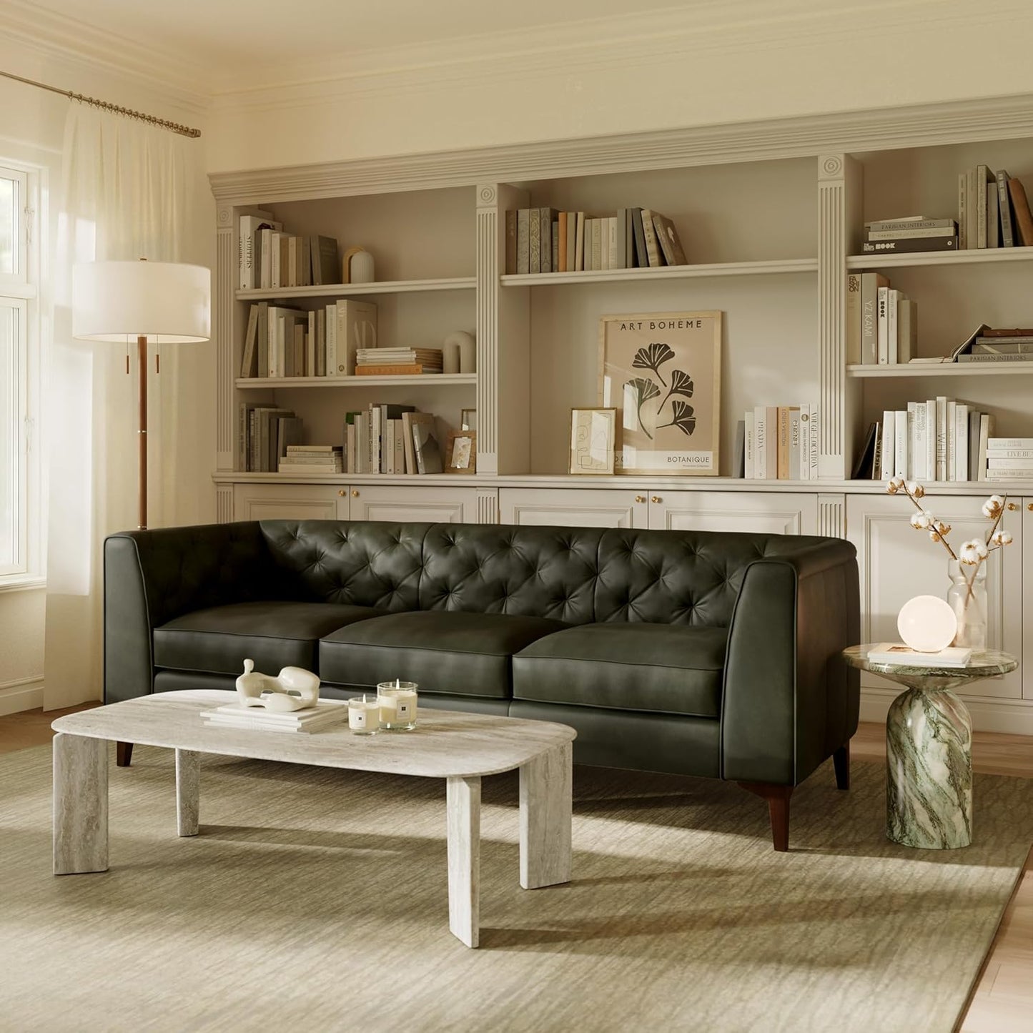 POLY & BARK Essex Leather Couch - 89-Inch Sofa with Tufted Back - Full-Grain Leather Sofa for Living Room with Feather-Down Topper - Living Room Couch - Vintage Italian Leather in Olivine Green