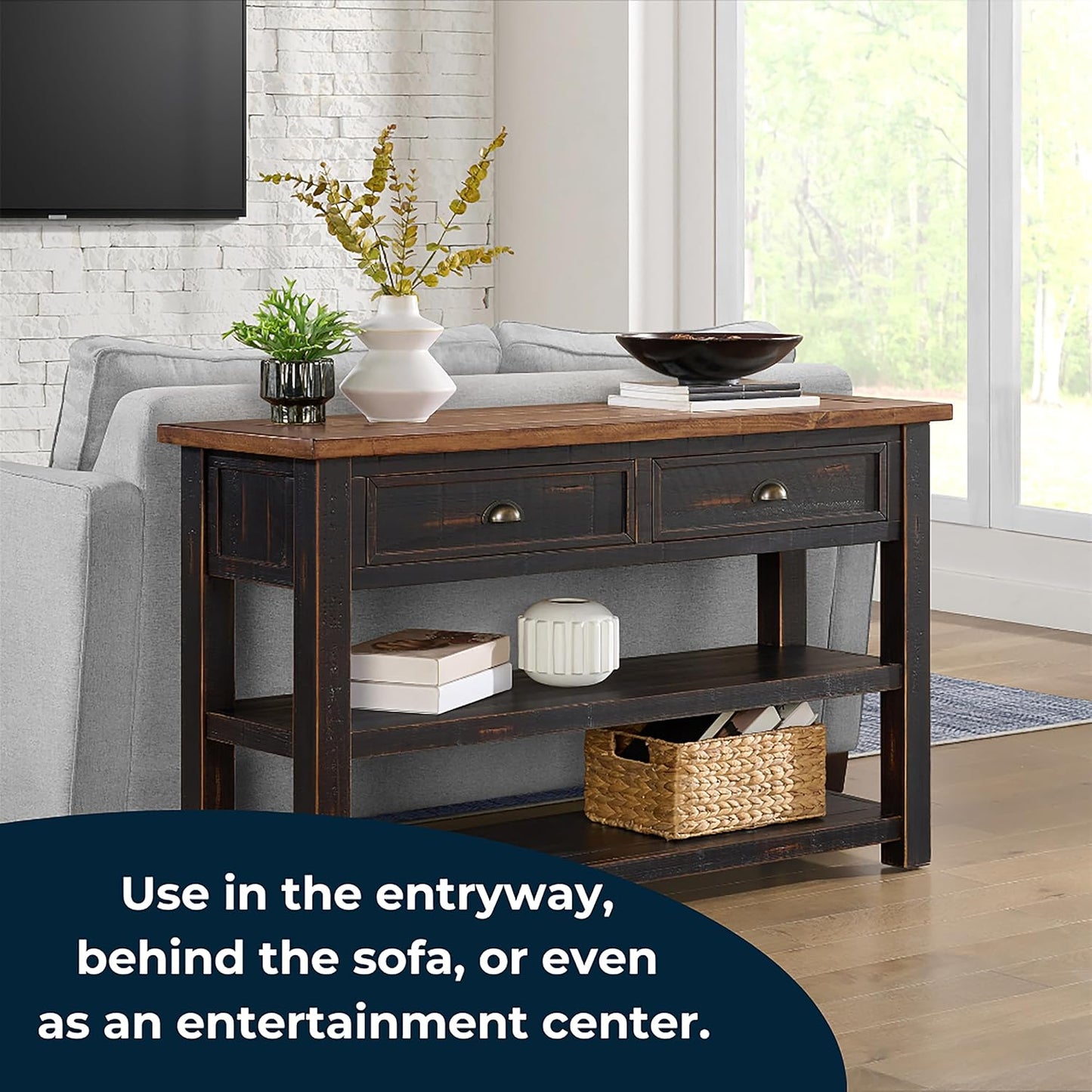 Martin Svensson Home Monterey Solid Wood Sofa Console Table, Black and Honey Brown