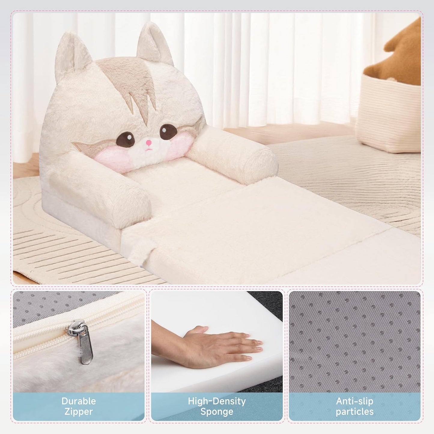 MONKISS Kids Couch, Comfy Toddler Chair, 2 in 1 Fold Out Kids Sofa to Lounger, Baby Sleeper Chair, Toddler Furniture, Birthday Gifts for Boys and Girls, 1~4 Years Old, Cute Cat