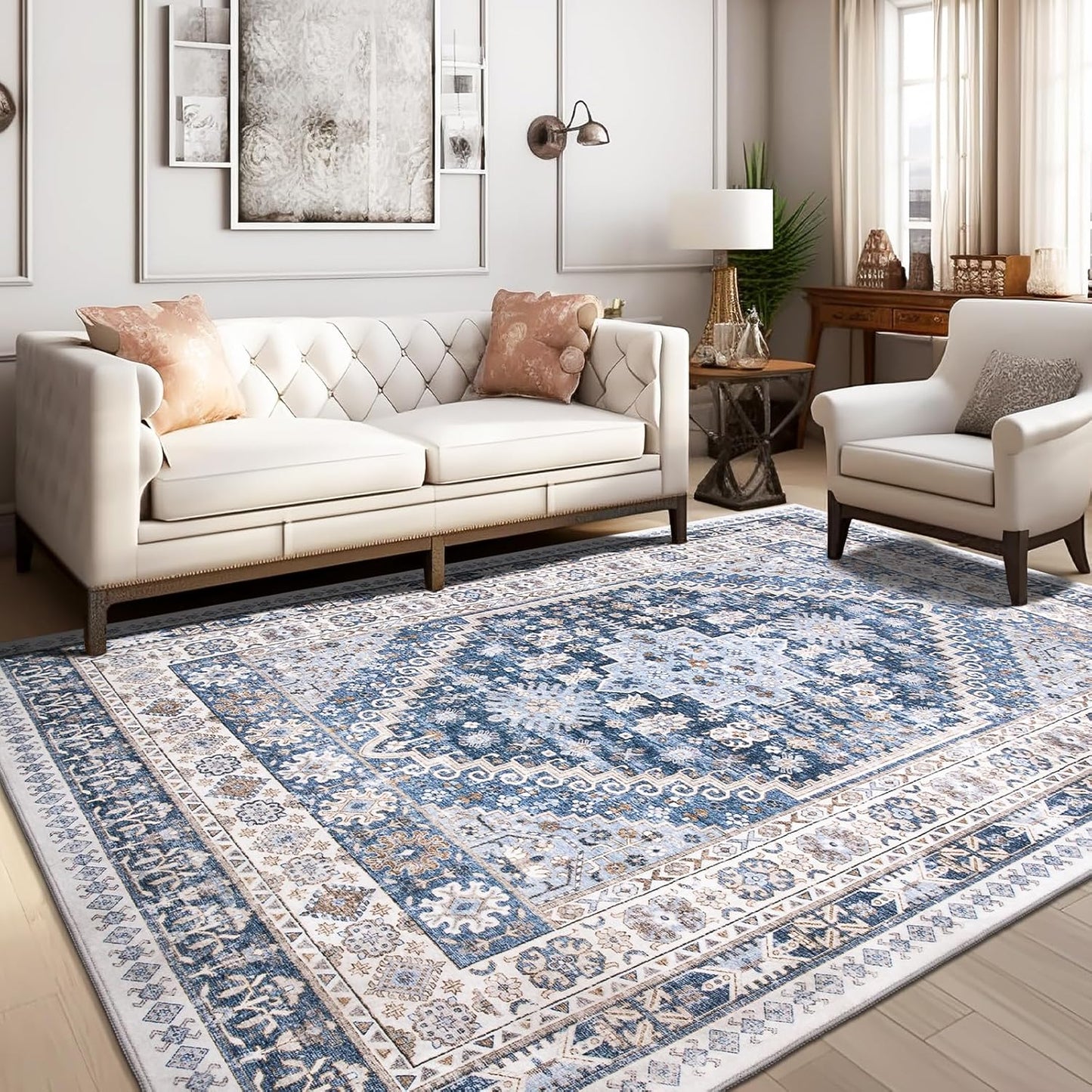 zesthome 10x14 Area Rugs,Stain Resistant Washable Rug,Ultra-Thin Rugs for Living Room,Bedroom,Non-Slip Backing Home Decor Large Area Rug (Blue/Beige,10'x14')