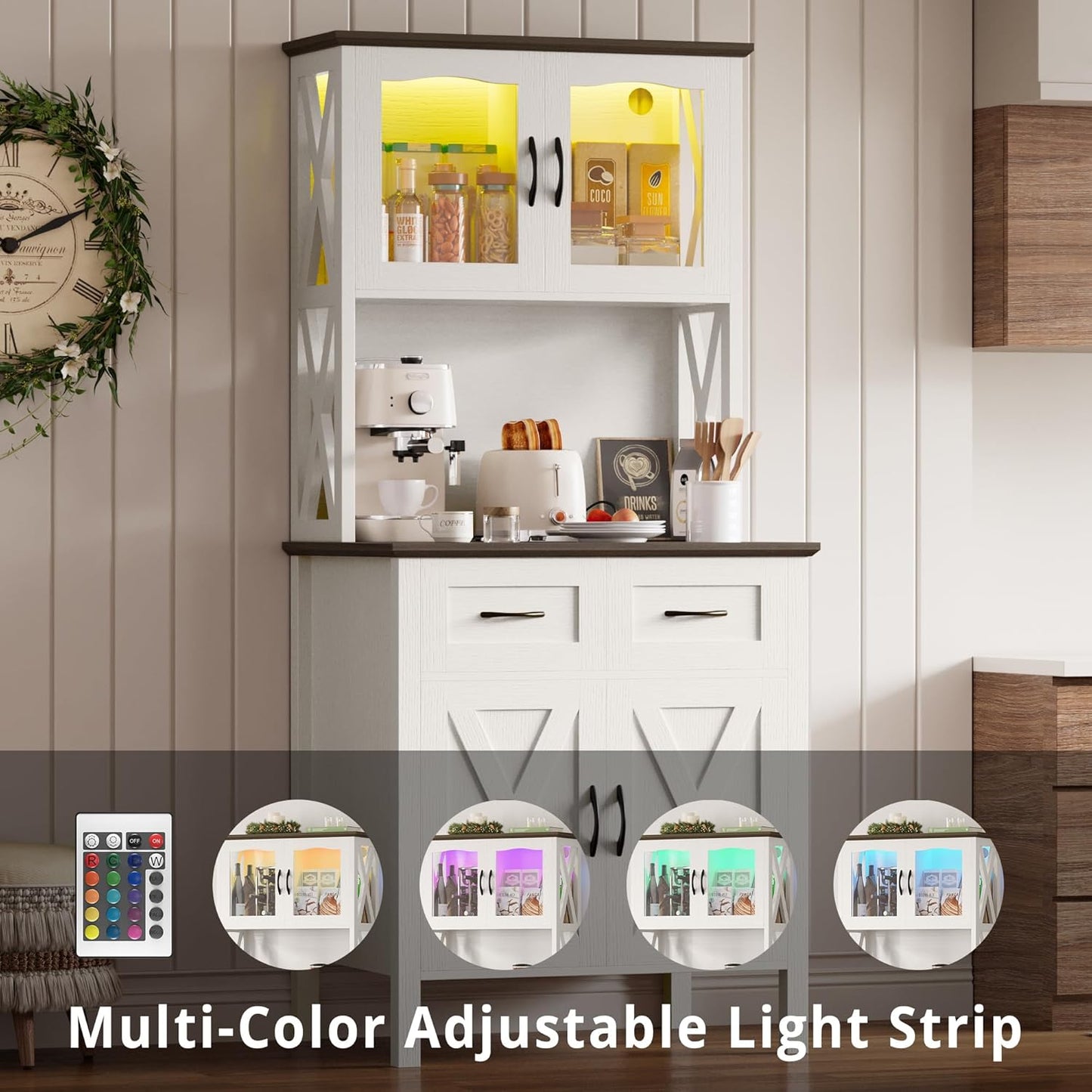 IRONCK 71" Pantry Cabinet with LED Lights and Charging Station, Tall Kitchen Storage Cabinet with Microwave Stand, Farmhouse Kitchen Hutch for Dining Room, White